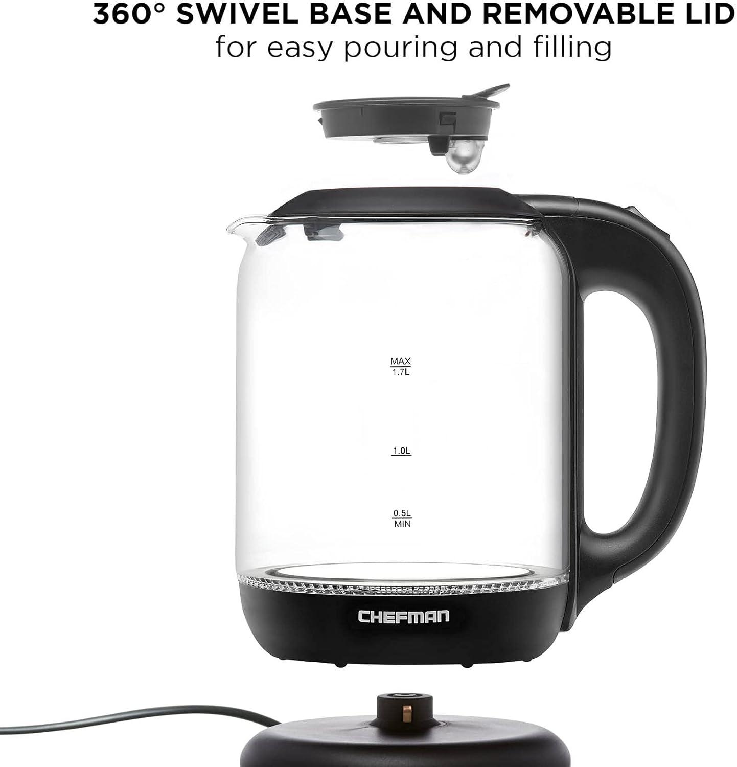image:imageChefman 17 Liter Electric Kettle With Easy Fill Lid Cordless With Removable Lid And 360 Swivel Base LED Indicator Lights17L Glass Electric Kettle w EasyFill Lid