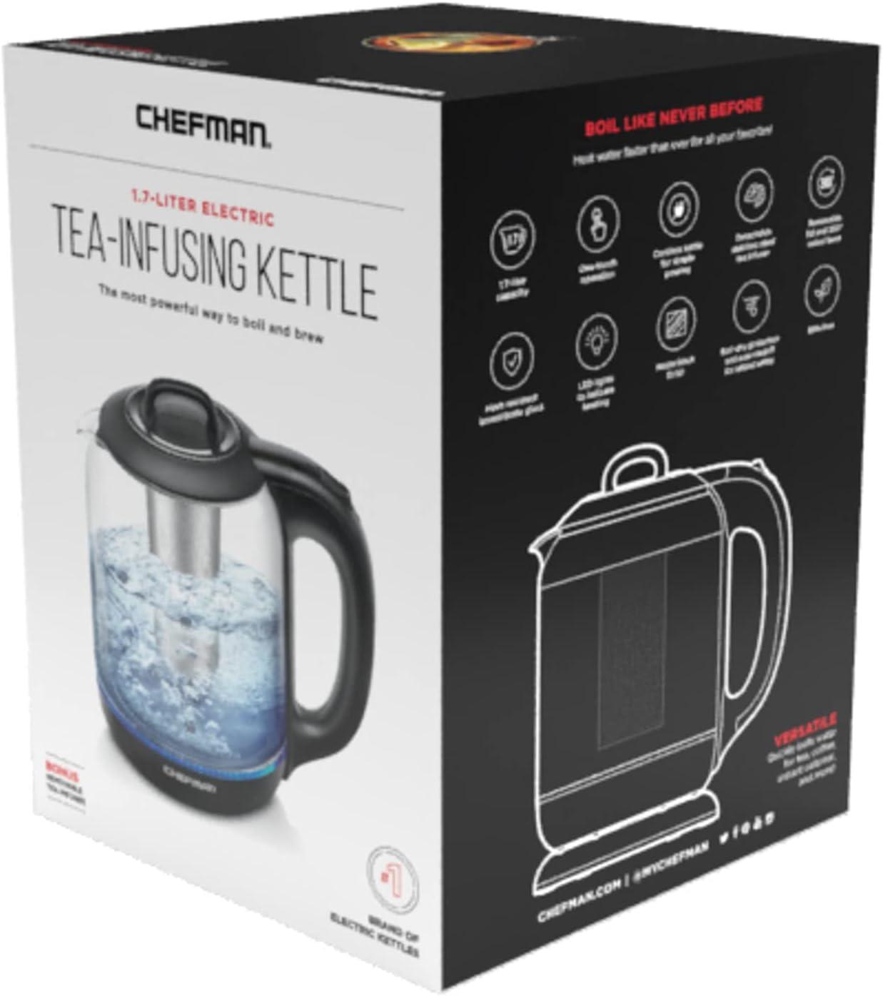 image:imageChefman 17 Liter Electric Kettle With Easy Fill Lid Cordless With Removable Lid And 360 Swivel Base LED Indicator Lights17L Glass Electric Kettle w Tea Infuser