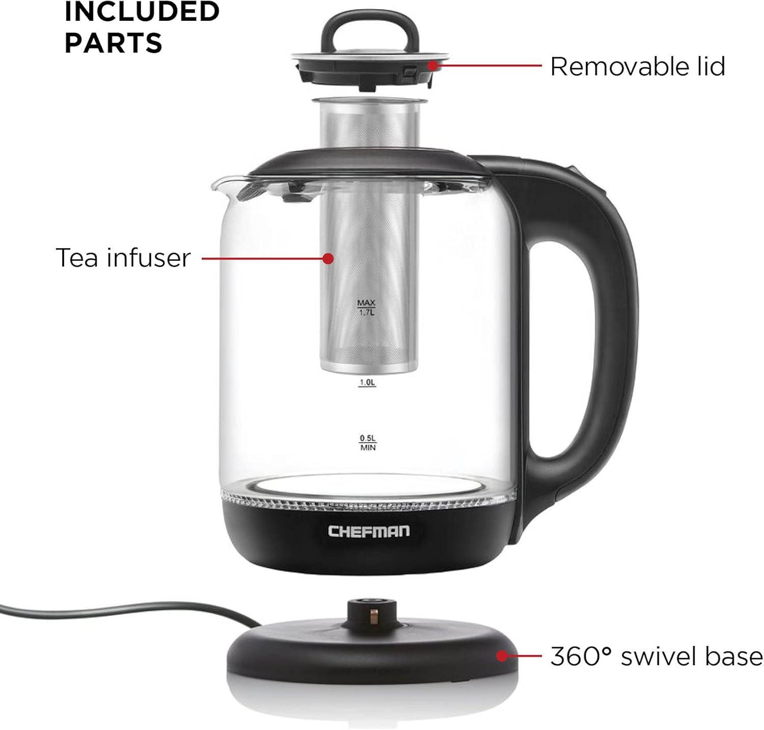image:imageChefman 17 Liter Electric Kettle With Easy Fill Lid Cordless With Removable Lid And 360 Swivel Base LED Indicator Lights17L Glass Electric Kettle w Tea Infuser