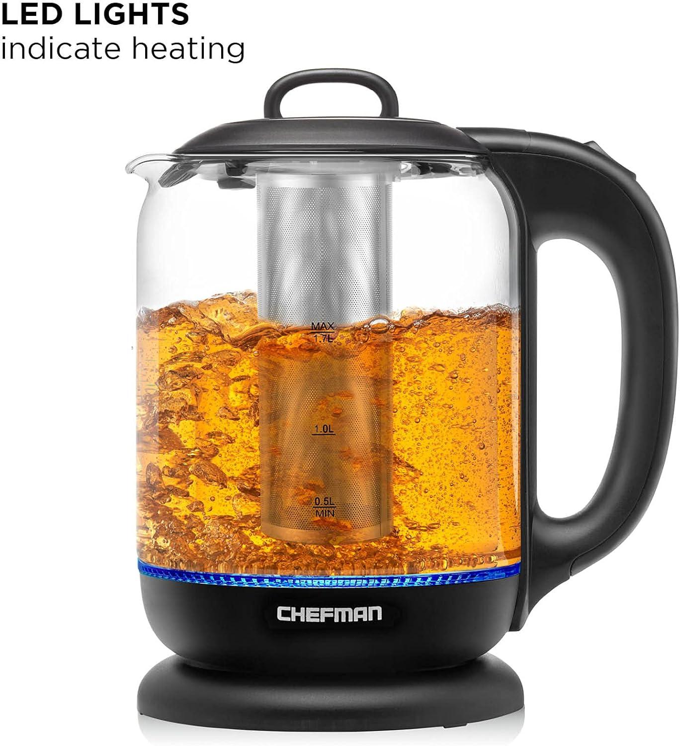 image:imageChefman 17 Liter Electric Kettle With Easy Fill Lid Cordless With Removable Lid And 360 Swivel Base LED Indicator Lights17L Glass Electric Kettle w Tea Infuser