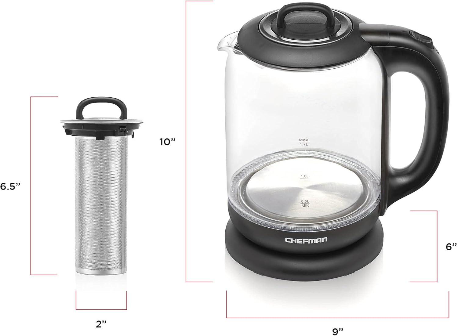 image:imageChefman 17 Liter Electric Kettle With Easy Fill Lid Cordless With Removable Lid And 360 Swivel Base LED Indicator Lights17L Glass Electric Kettle w Tea Infuser