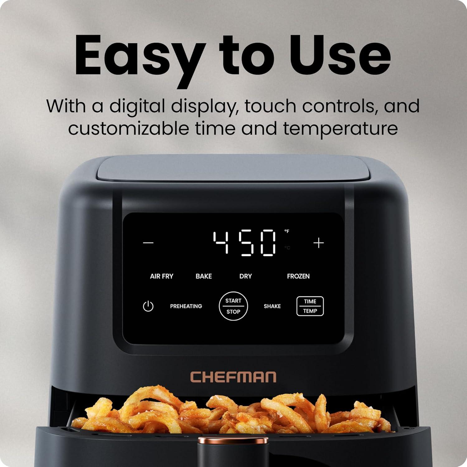 image:imageChefman Air Fryer 4in1 Slim 35 QT Airfryer Air Fry Bake Dehydrate Frozen 450F Max Temp for Extra Crispy Results in Minutes Nonstick Ceramic Coating DishwasherSafe Accessories BlackMatte Black