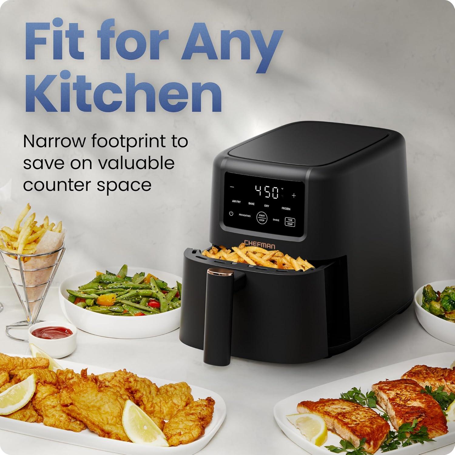image:imageChefman Air Fryer 4in1 Slim 35 QT Airfryer Air Fry Bake Dehydrate Frozen 450F Max Temp for Extra Crispy Results in Minutes Nonstick Ceramic Coating DishwasherSafe Accessories BlackMatte Black