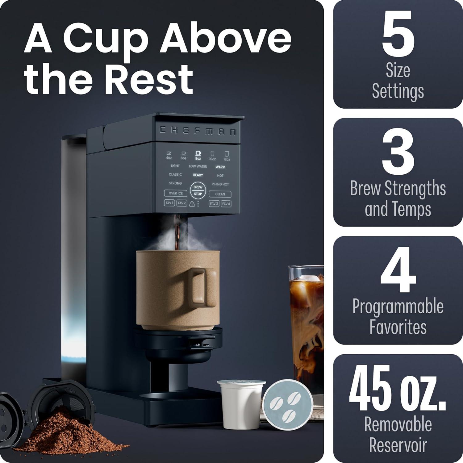 image:imageChefman Caffeinator Single Serve Coffee Maker Brew Kcups amp Grounds Drip Coffee Machine with Brew Strength Settings Iced Coffee Function 45 oz Removable Water ReservoirMidnight