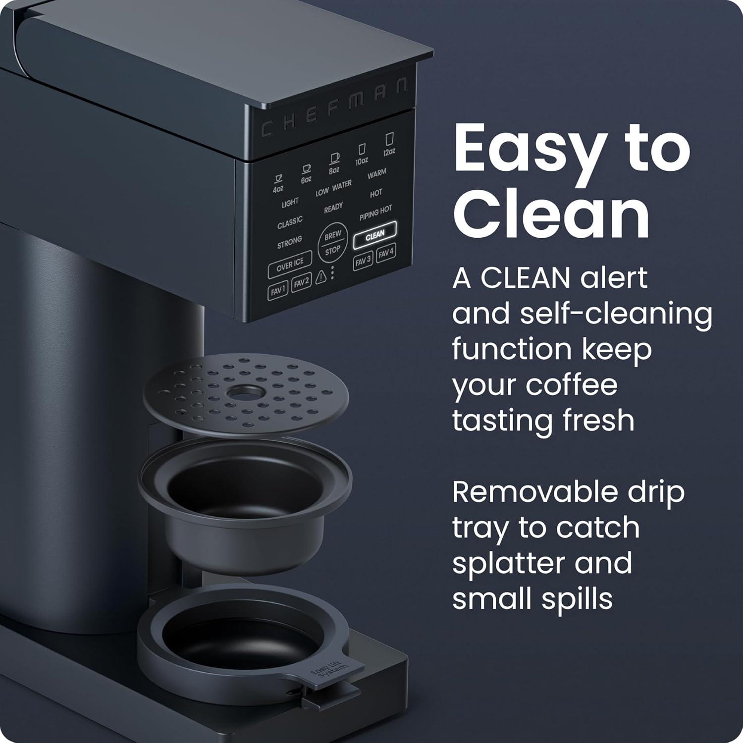 image:imageChefman Caffeinator Single Serve Coffee Maker Brew Kcups amp Grounds Drip Coffee Machine with Brew Strength Settings Iced Coffee Function 45 oz Removable Water ReservoirMidnight