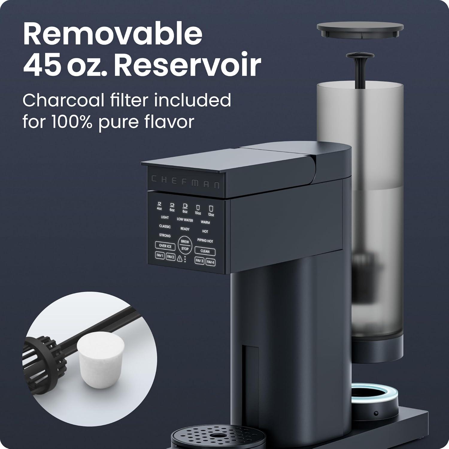 image:imageChefman Caffeinator Single Serve Coffee Maker Brew Kcups amp Grounds Drip Coffee Machine with Brew Strength Settings Iced Coffee Function 45 oz Removable Water ReservoirMidnight