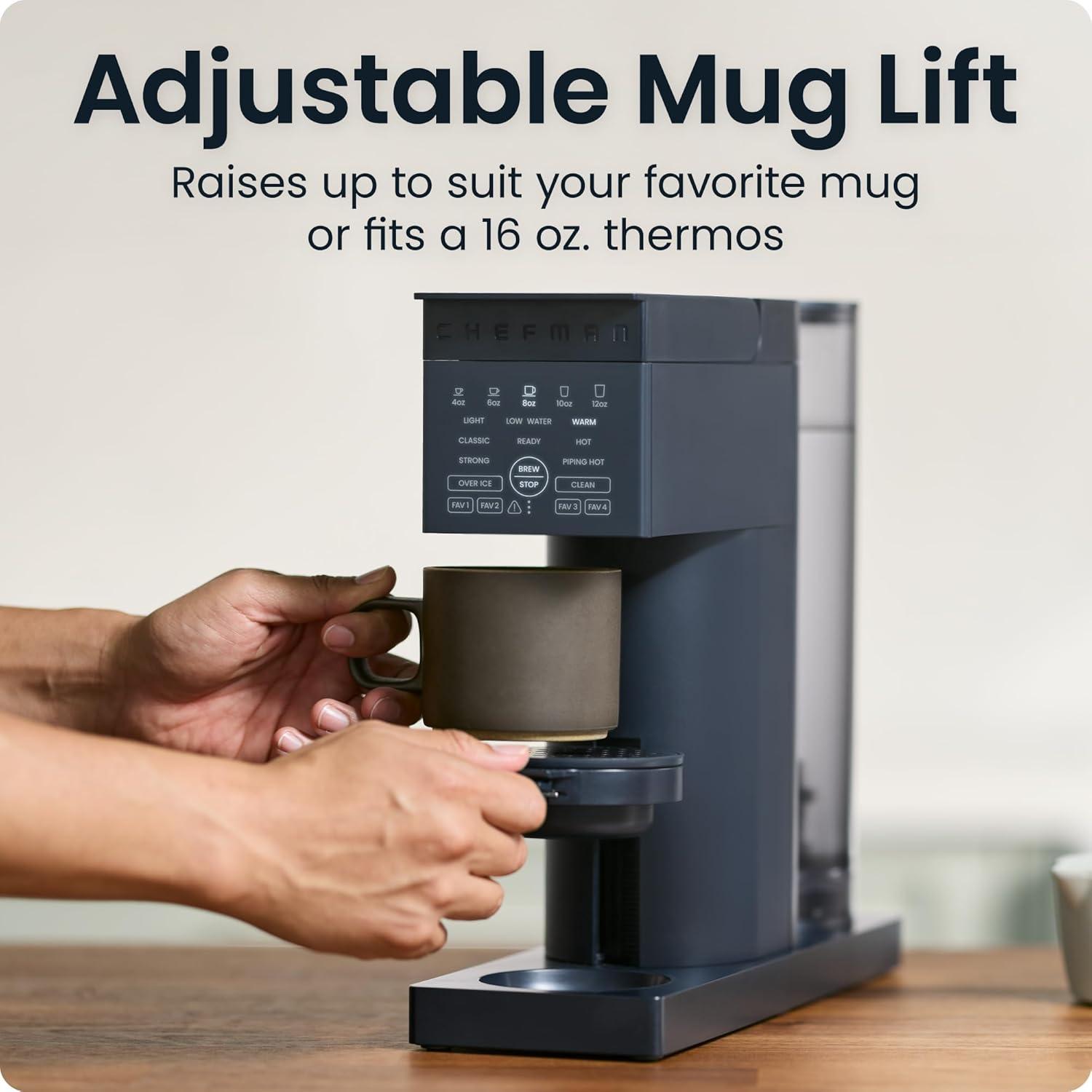 image:imageChefman Caffeinator Single Serve Coffee Maker Brew Kcups amp Grounds Drip Coffee Machine with Brew Strength Settings Iced Coffee Function 45 oz Removable Water ReservoirMidnight