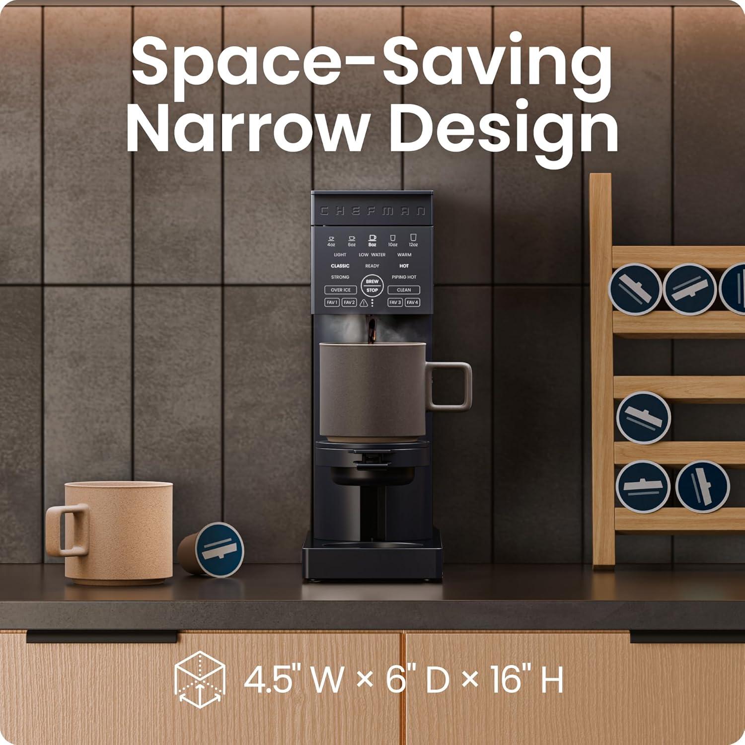 image:imageChefman Caffeinator Single Serve Coffee Maker Brew Kcups amp Grounds Drip Coffee Machine with Brew Strength Settings Iced Coffee Function 45 oz Removable Water ReservoirMidnight