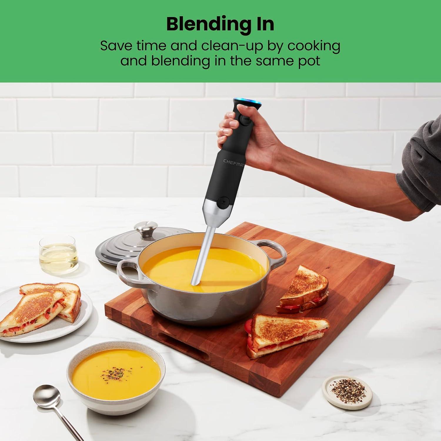image:imageChefman Cordless Power Portable Immersion Blender Ice Crushing Power with OneTouch Speed Control USB Charging Quickly Mixes Smoothies Purees Soups Dips Sauces Storage Case Stainless SteelCordless Blender
