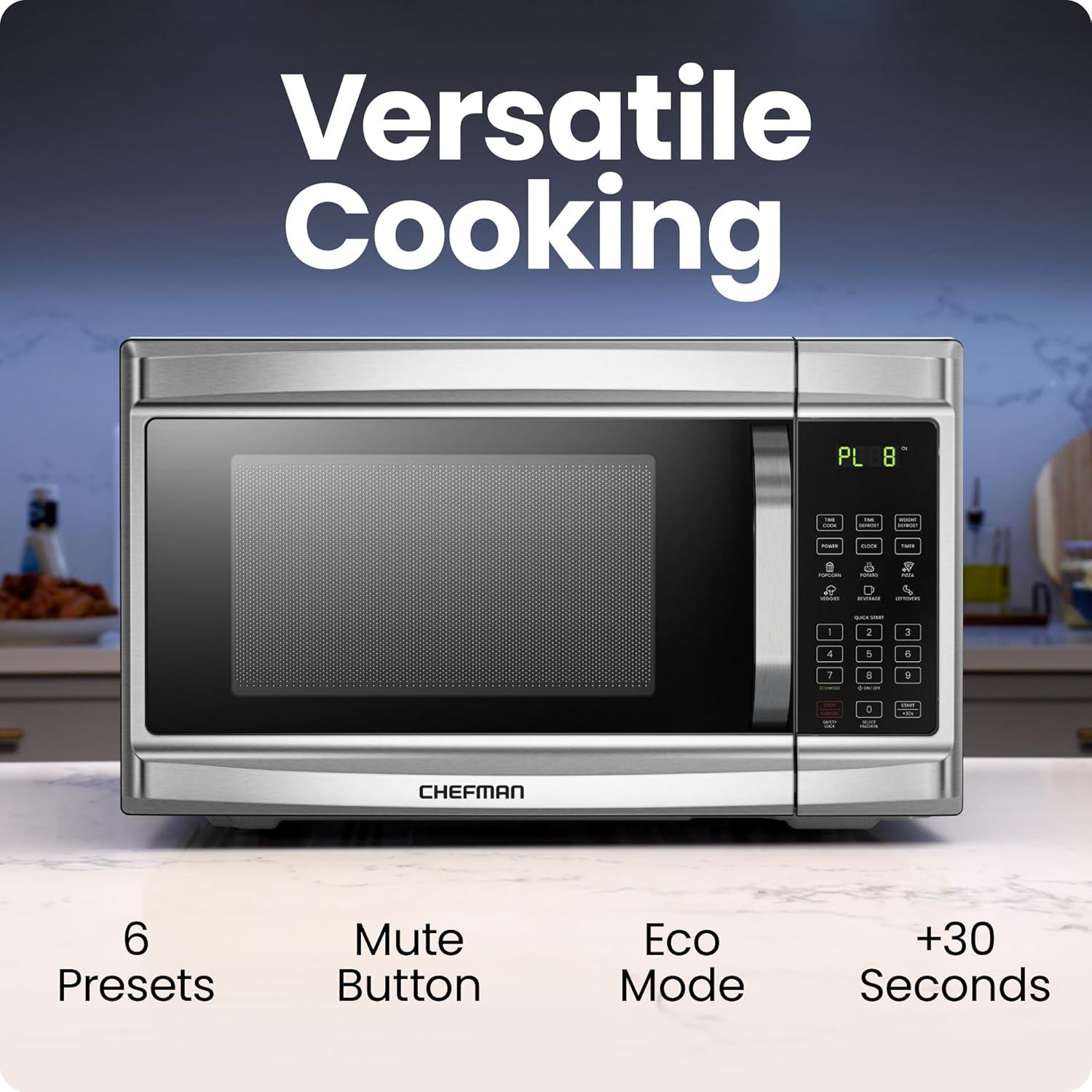 image:imageChefman Countertop Microwave Oven 13 Cu Ft Digital Stainless Steel 1000 Watts with 6 Auto Menus 10 Power Levels Eco Mode Memory Mute Function Child Safety Lock Easy Clean Microwave Ovens13 Cu Ft