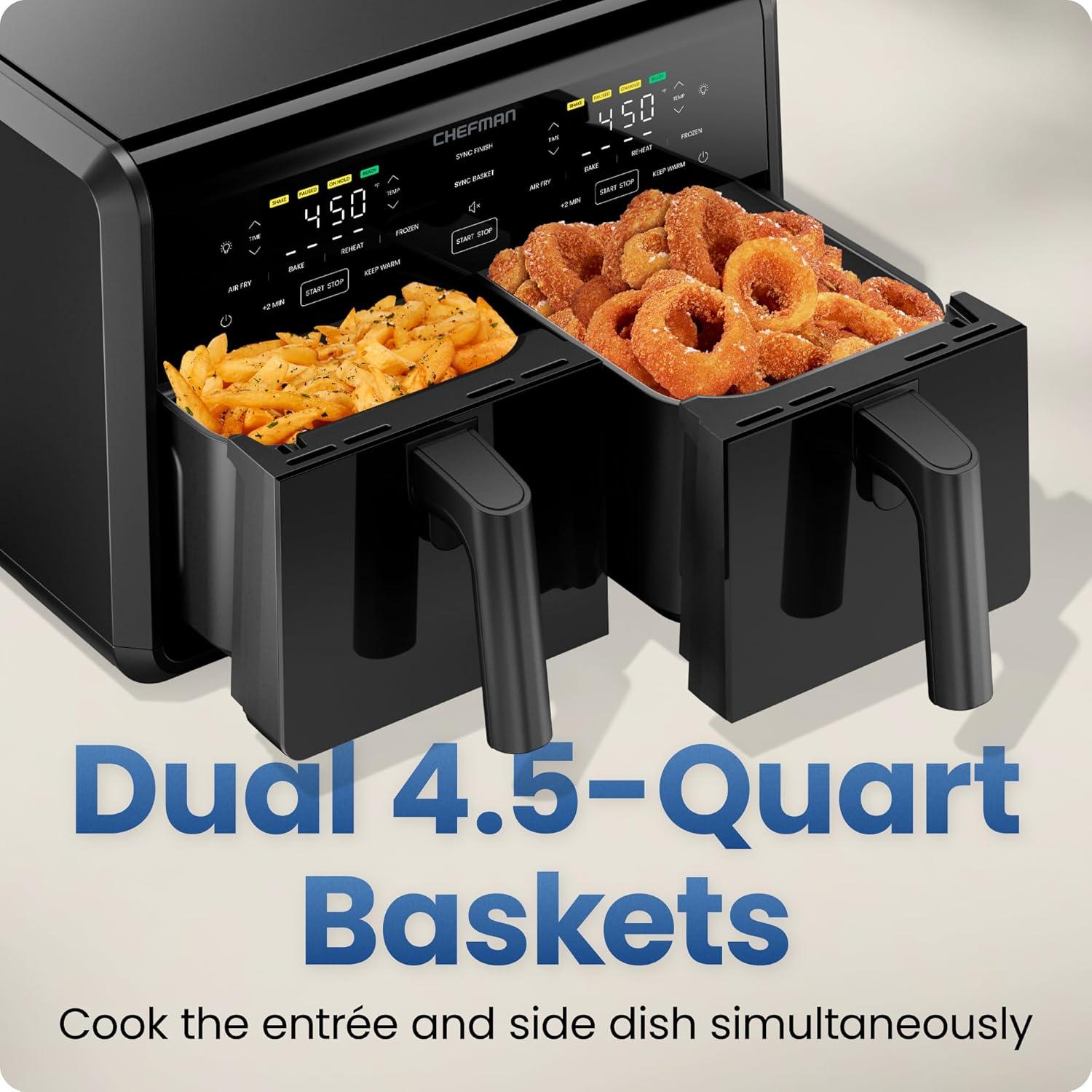 image:imageChefman Dual Air Fryer Oven with DC Motor 9 Qt Double Basket Air Fryer with 450F Max Temp for Meals in Minutes Bake Broil Dehydrate Reheat for ExtraCrispy Chicken Fries and More Black9 Quart