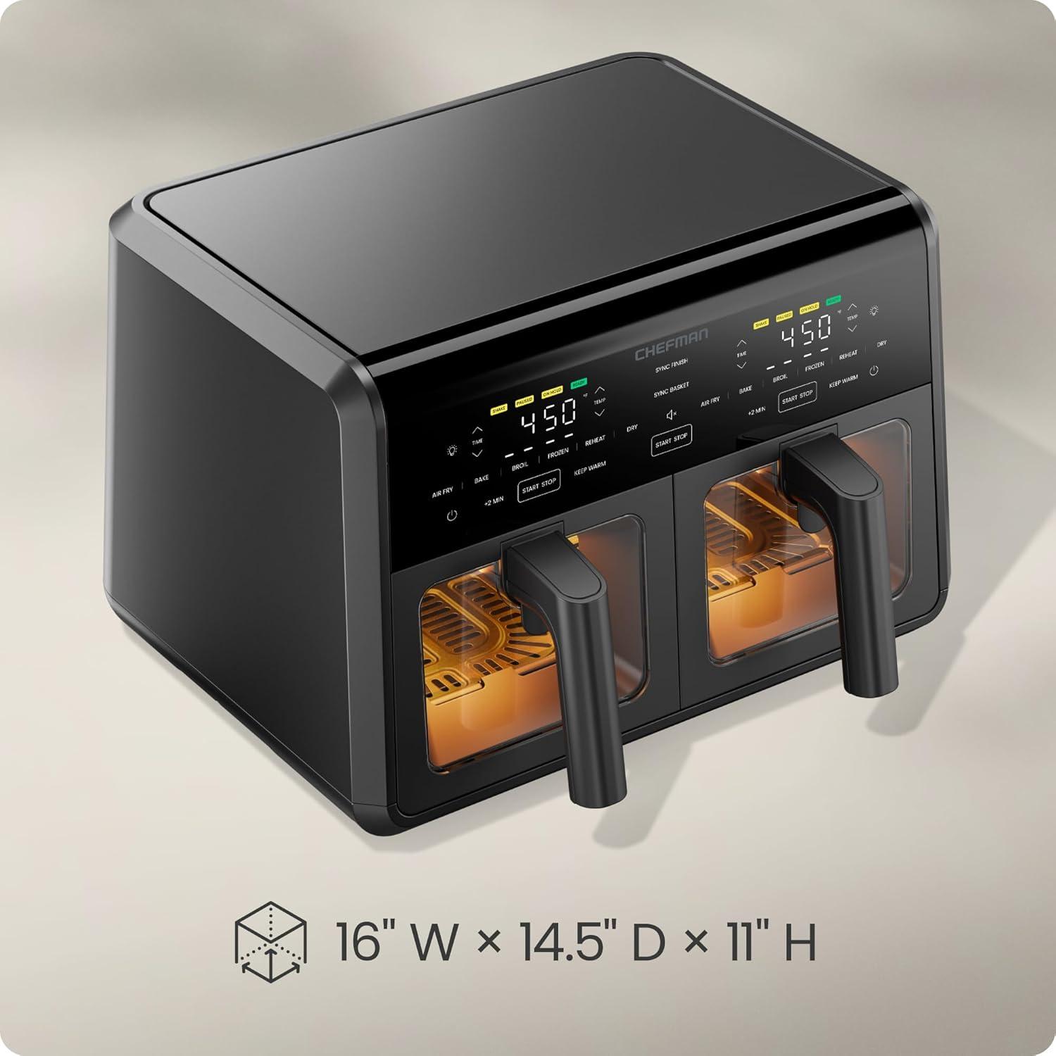 image:imageChefman Dual Air Fryer Oven with DC Motor 9 Qt Double Basket Air Fryer with 450F Max Temp for Meals in Minutes Bake Broil Dehydrate Reheat for ExtraCrispy Chicken Fries and More Black9 Quart