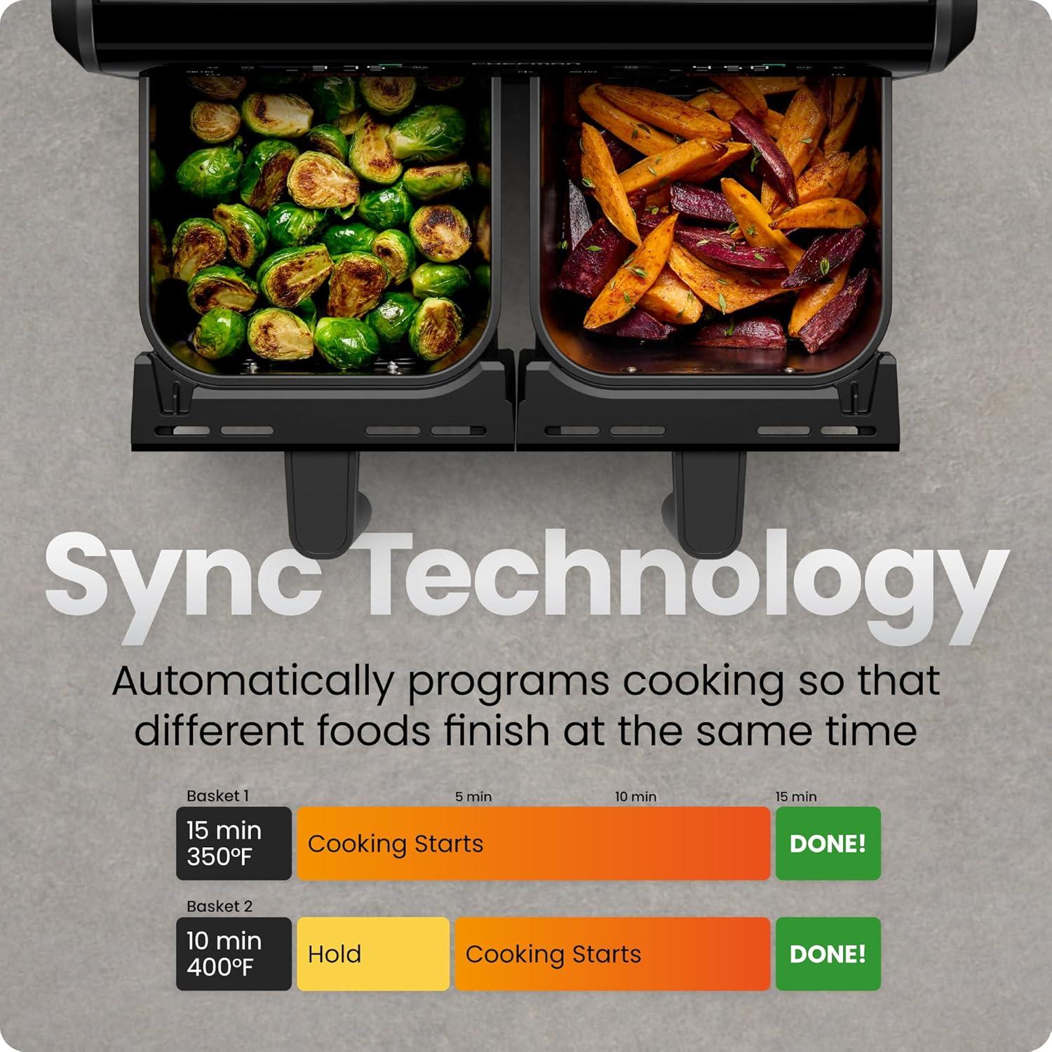image:imageChefman Dual Air Fryer Oven with DC Motor 9 Qt Double Basket Air Fryer with 450F Max Temp for Meals in Minutes Bake Broil Dehydrate Reheat for ExtraCrispy Chicken Fries and More Black9 Quart