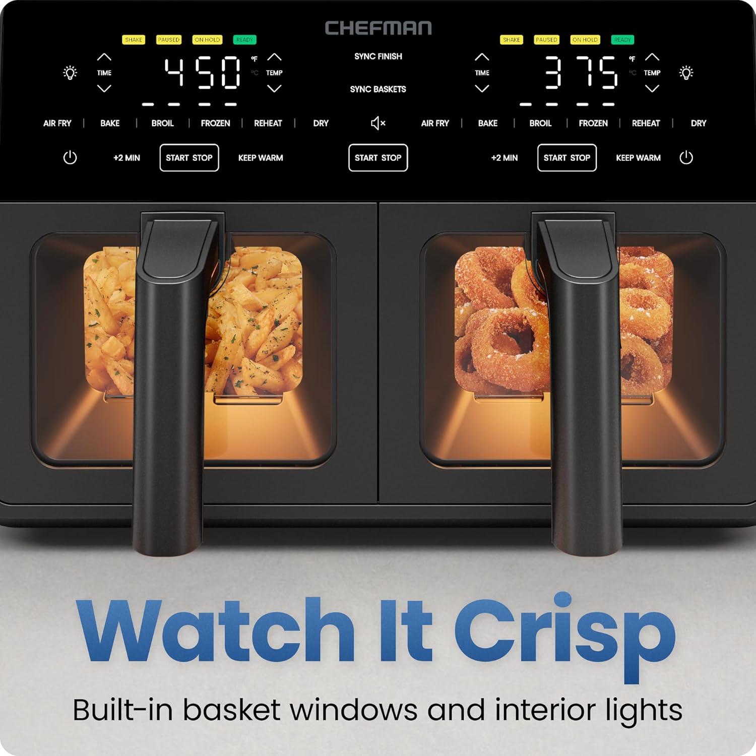 image:imageChefman Dual Air Fryer Oven with DC Motor 9 Qt Double Basket Air Fryer with 450F Max Temp for Meals in Minutes Bake Broil Dehydrate Reheat for ExtraCrispy Chicken Fries and More Black9 Quart