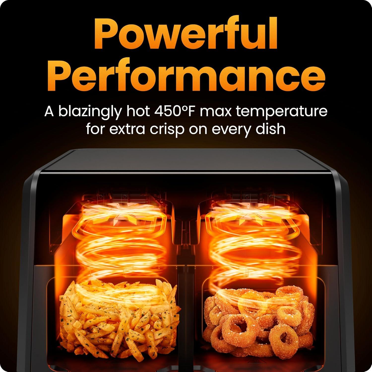 image:imageChefman Dual Air Fryer Oven with DC Motor 9 Qt Double Basket Air Fryer with 450F Max Temp for Meals in Minutes Bake Broil Dehydrate Reheat for ExtraCrispy Chicken Fries and More Black9 Quart