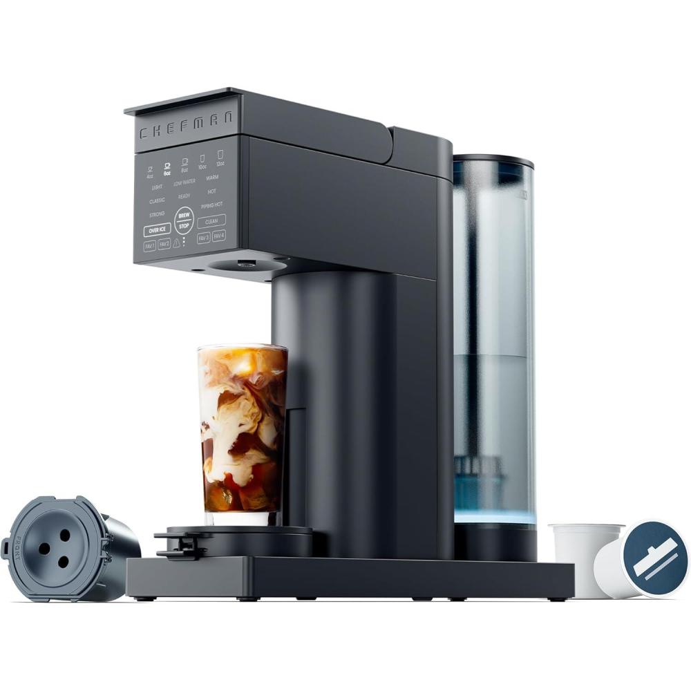 image:imageChefman Caffeinator Single Serve Coffee Maker Brew Kcups amp Grounds Drip Coffee Machine with Brew Strength Settings Iced Coffee Function 45 oz Removable Water ReservoirMidnight