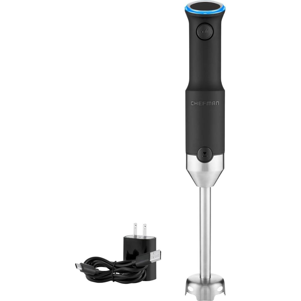 image:imageChefman Cordless Power Portable Immersion Blender Ice Crushing Power with OneTouch Speed Control USB Charging Quickly Mixes Smoothies Purees Soups Dips Sauces Storage Case Stainless SteelCordless Blender