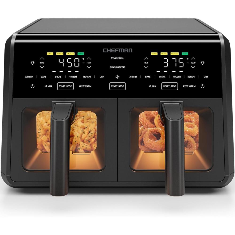 image:imageChefman Dual Air Fryer Oven with DC Motor 9 Qt Double Basket Air Fryer with 450F Max Temp for Meals in Minutes Bake Broil Dehydrate Reheat for ExtraCrispy Chicken Fries and More Black9 Quart