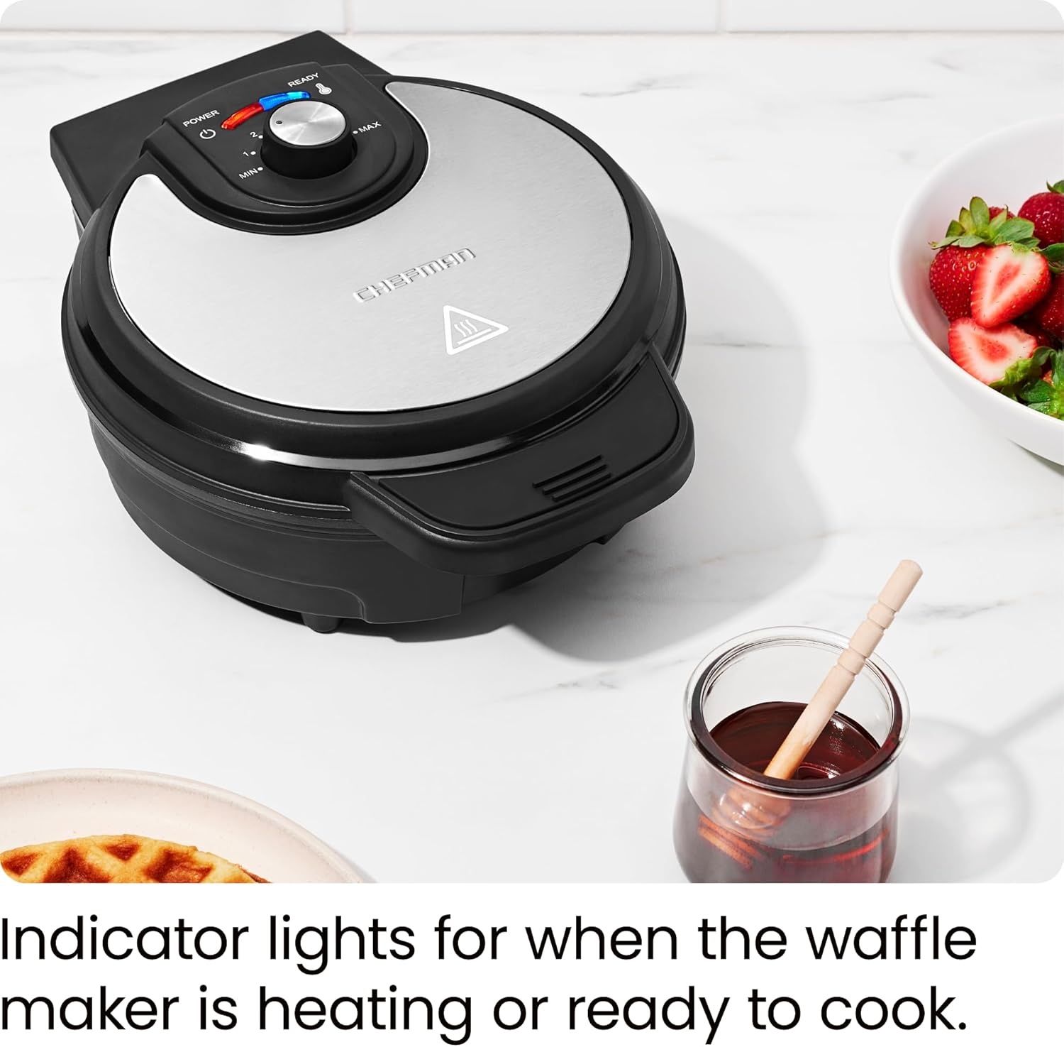 image:imageChefman AntiOverflow Belgian Waffle Maker wShade Selector Stainless Steel Temperature Control Mess Free Moat Round Nonstick Iron Plate Cool Touch Handle Measuring Cup IncludedStainless Steel