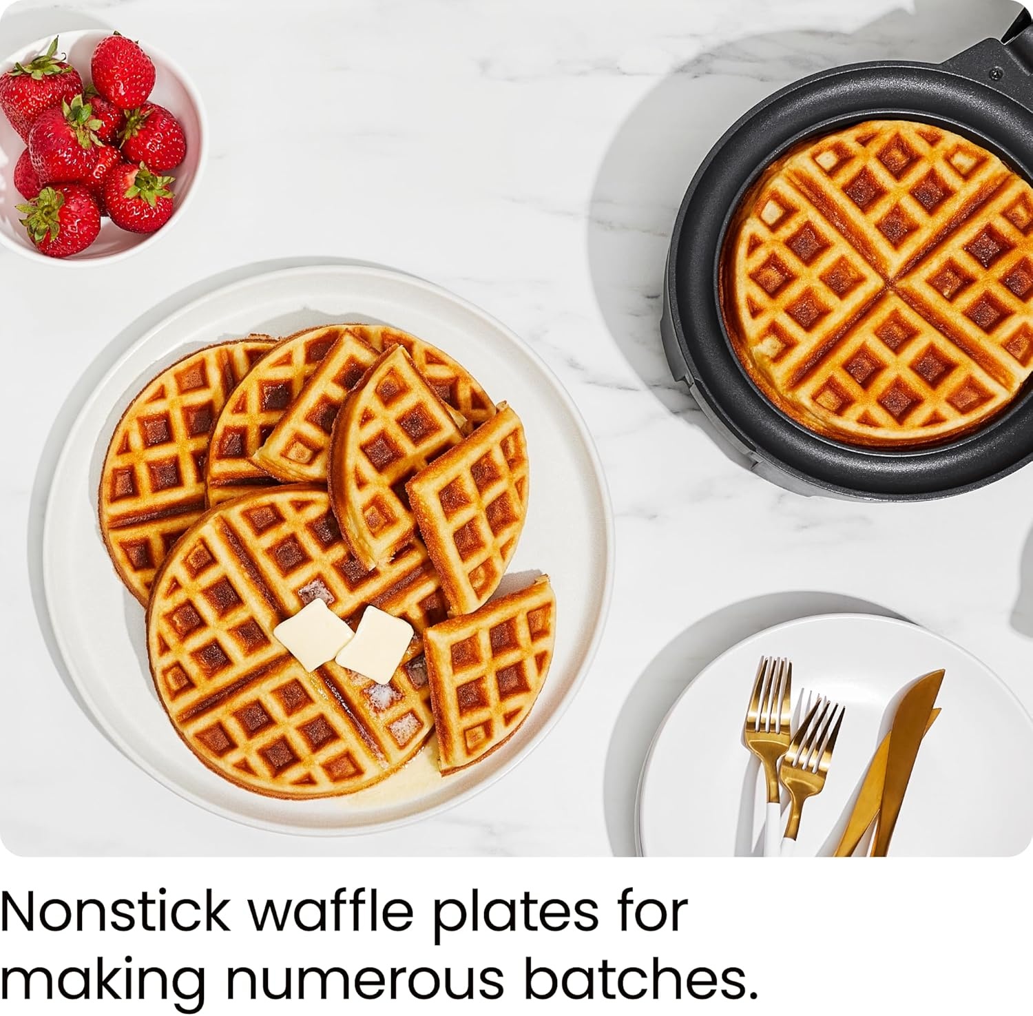 image:imageChefman AntiOverflow Belgian Waffle Maker wShade Selector Stainless Steel Temperature Control Mess Free Moat Round Nonstick Iron Plate Cool Touch Handle Measuring Cup IncludedStainless Steel