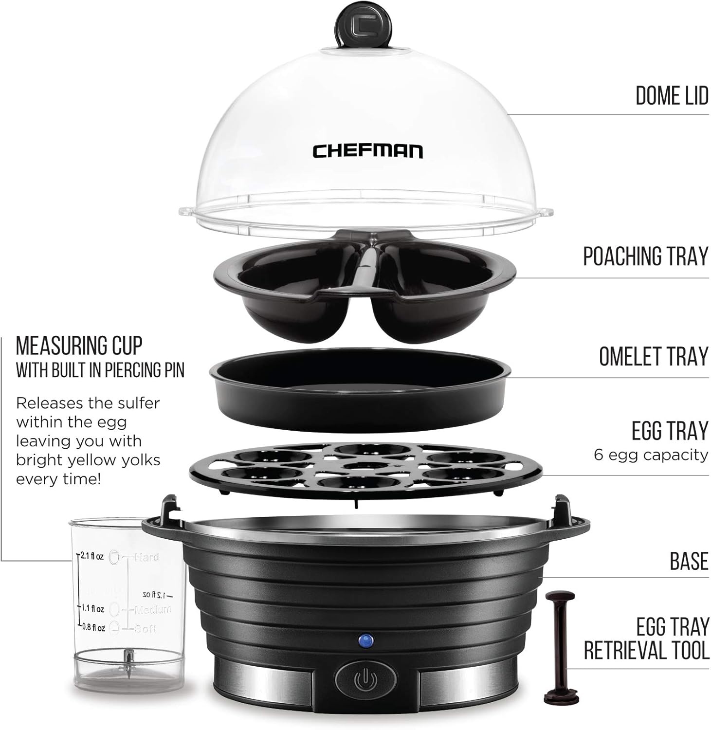 image:imageChefman EggMaker Rapid Poacher Food amp Vegetable Steamer Quickly Makes Up to 6 Hard Medium or Soft Boiled PoachingOmelet Tray Included Ready Signal BPAFree BLACKBlack