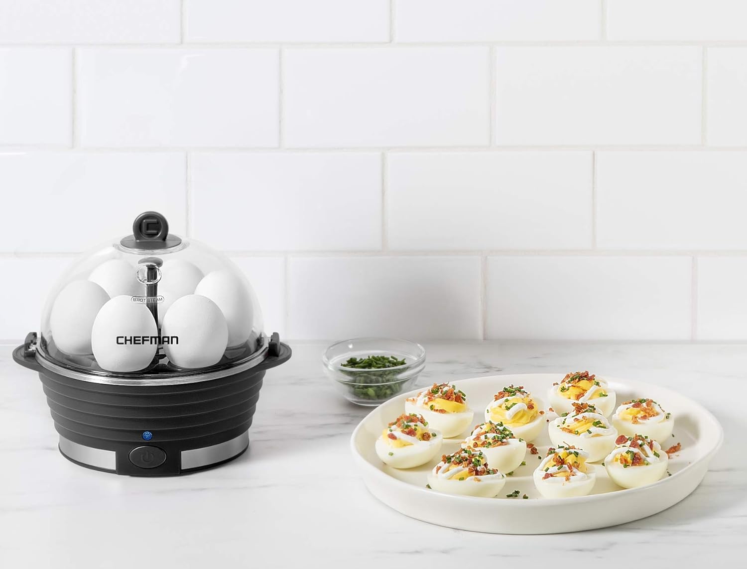 image:imageChefman EggMaker Rapid Poacher Food amp Vegetable Steamer Quickly Makes Up to 6 Hard Medium or Soft Boiled PoachingOmelet Tray Included Ready Signal BPAFree BLACKBlack