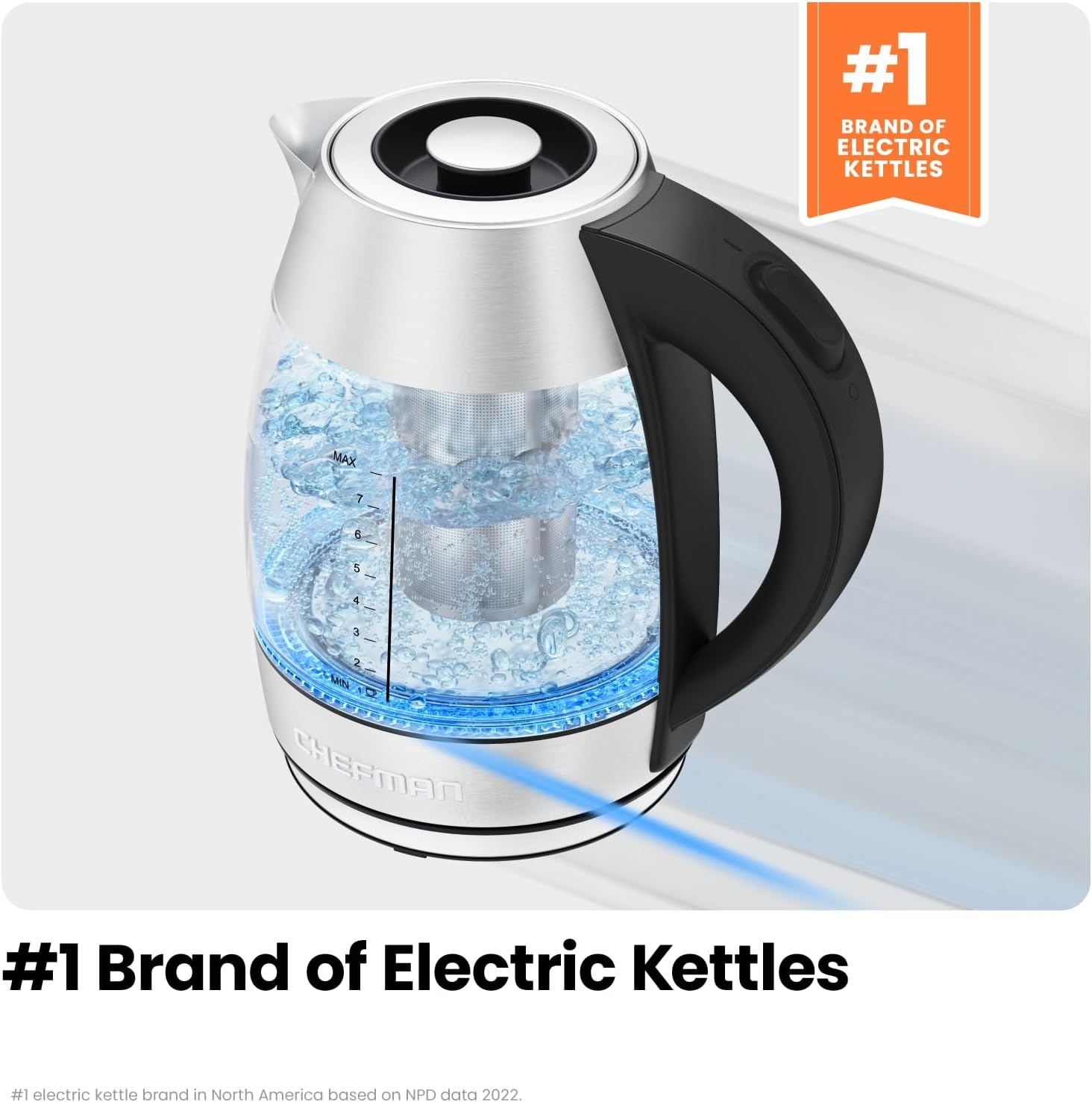 image:imageChefman Electric Kettle for Boiling Water 18L 1500W Removable Tea Infuser Auto Shut Off BoilDry Protection BPA Free Borosilicate Glass Hot Water Boiler Electric Tea Kettle Stainless Steel18 Liters