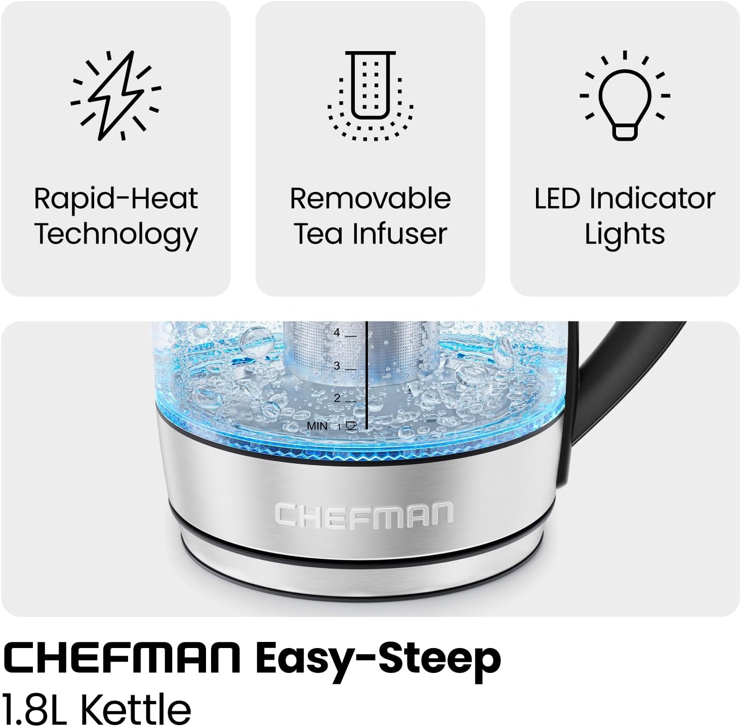 image:imageChefman Electric Kettle for Boiling Water 18L 1500W Removable Tea Infuser Auto Shut Off BoilDry Protection BPA Free Borosilicate Glass Hot Water Boiler Electric Tea Kettle Stainless Steel18 Liters