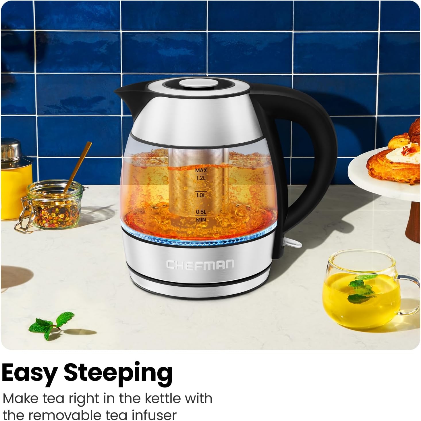 image:imageChefman Electric Kettle for Boiling Water 18L 1500W Removable Tea Infuser Auto Shut Off BoilDry Protection BPA Free Borosilicate Glass Hot Water Boiler Electric Tea Kettle Stainless Steel12 Liter