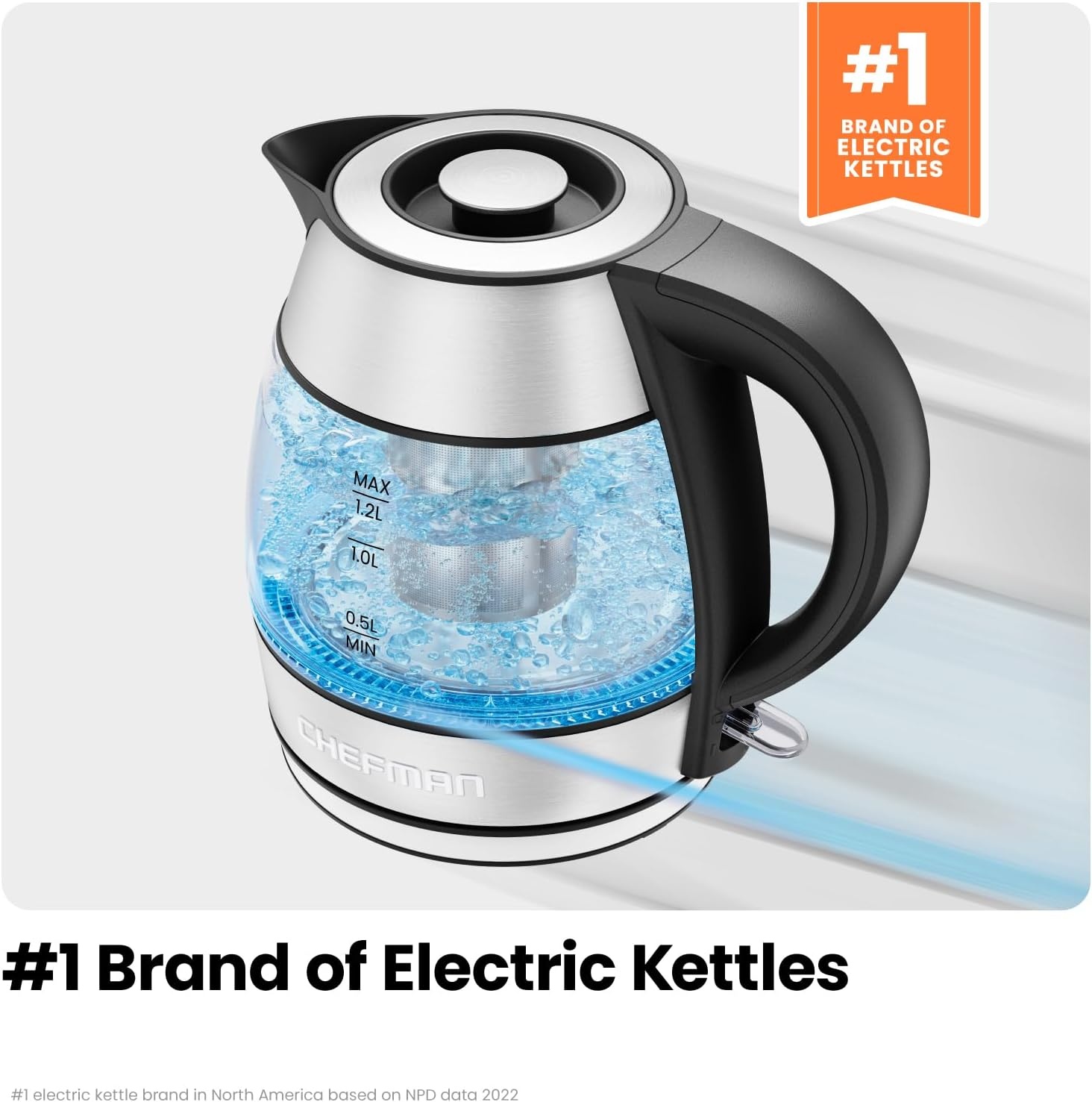 image:imageChefman Electric Kettle for Boiling Water 18L 1500W Removable Tea Infuser Auto Shut Off BoilDry Protection BPA Free Borosilicate Glass Hot Water Boiler Electric Tea Kettle Stainless Steel12 Liter