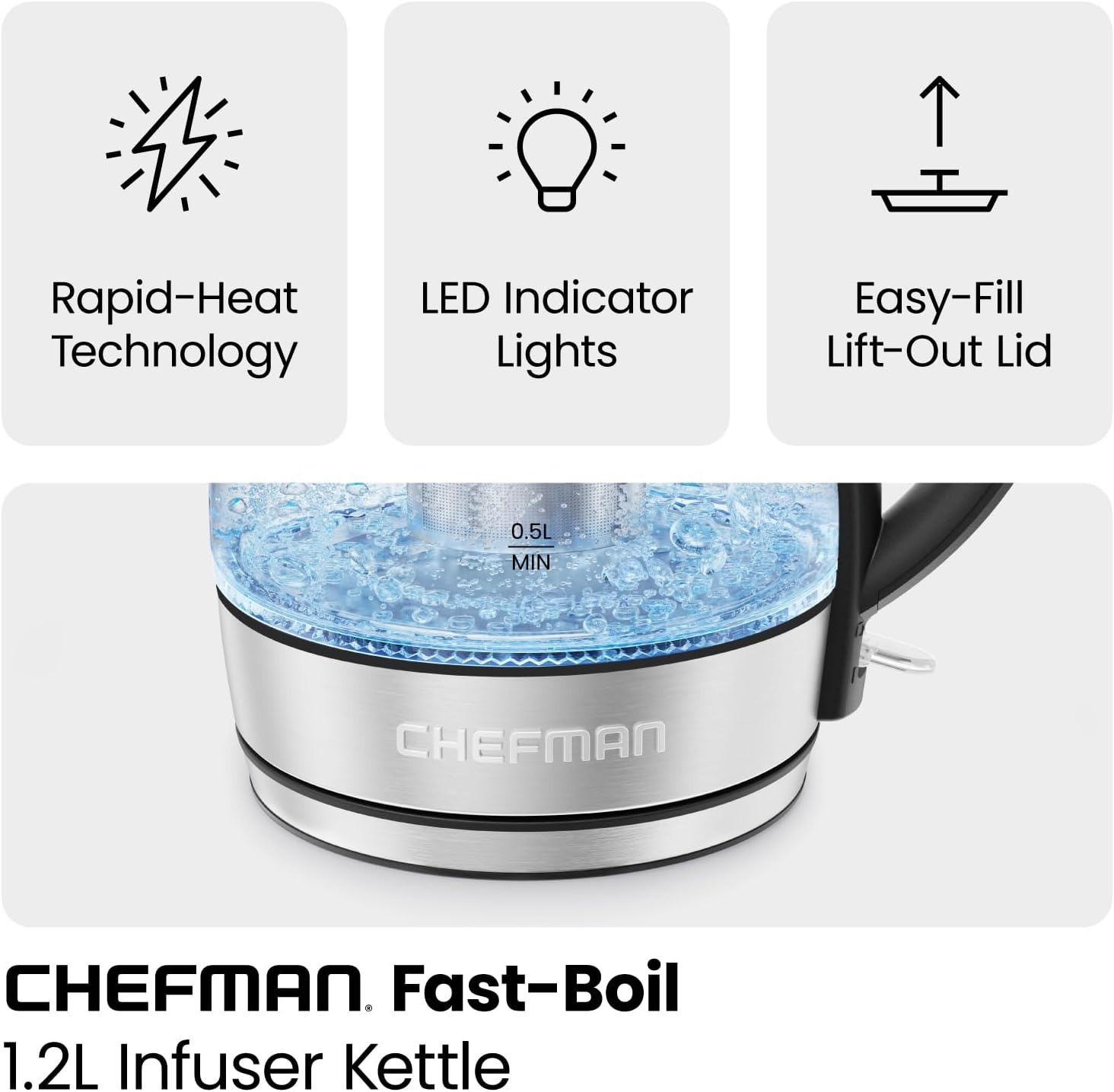 image:imageChefman Electric Kettle for Boiling Water 18L 1500W Removable Tea Infuser Auto Shut Off BoilDry Protection BPA Free Borosilicate Glass Hot Water Boiler Electric Tea Kettle Stainless Steel12 Liter