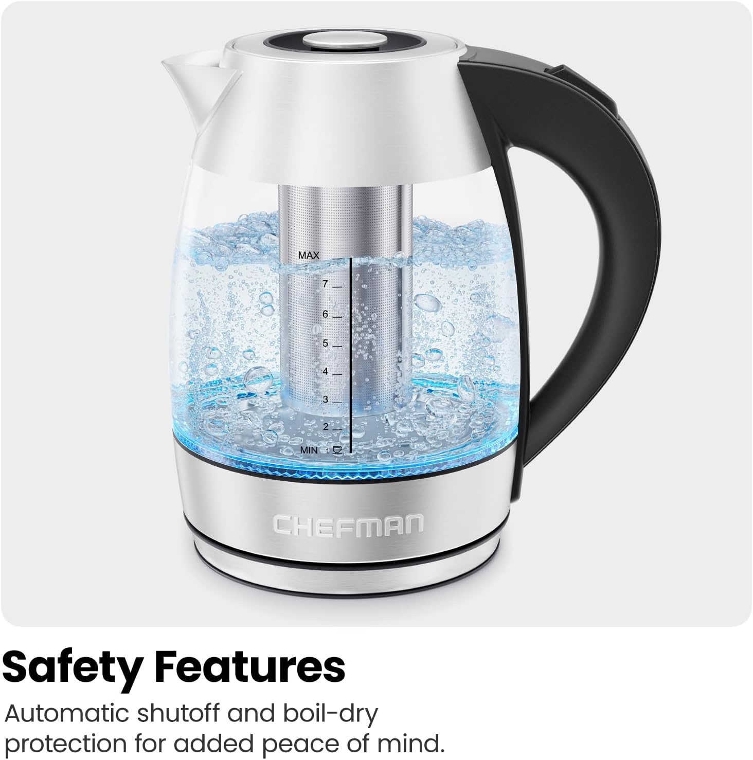 image:imageChefman Electric Kettle for Boiling Water 18L 1500W Removable Tea Infuser Auto Shut Off BoilDry Protection BPA Free Borosilicate Glass Hot Water Boiler Electric Tea Kettle Stainless Steel18 Liters