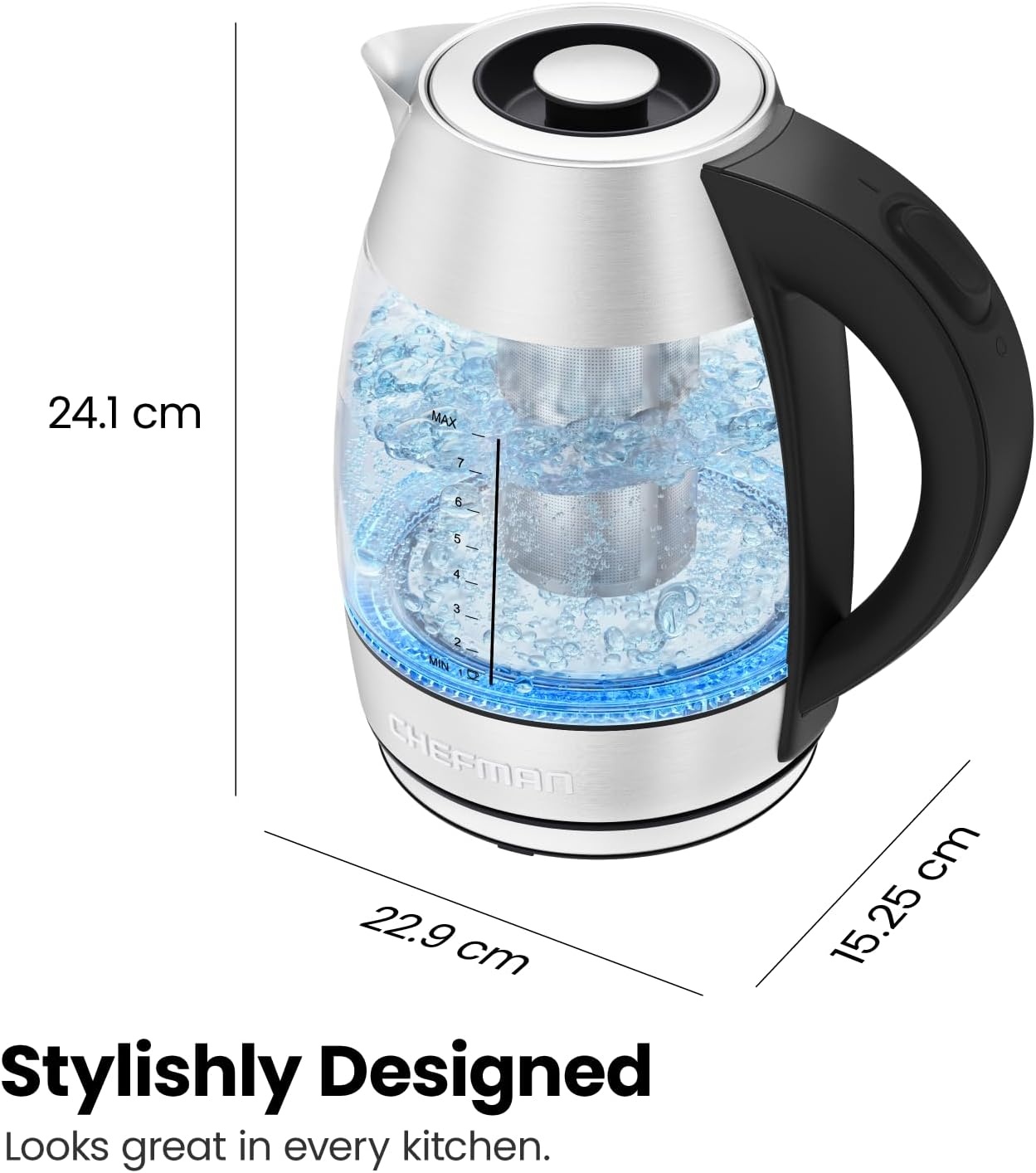 image:imageChefman Electric Kettle for Boiling Water 18L 1500W Removable Tea Infuser Auto Shut Off BoilDry Protection BPA Free Borosilicate Glass Hot Water Boiler Electric Tea Kettle Stainless Steel18 Liters
