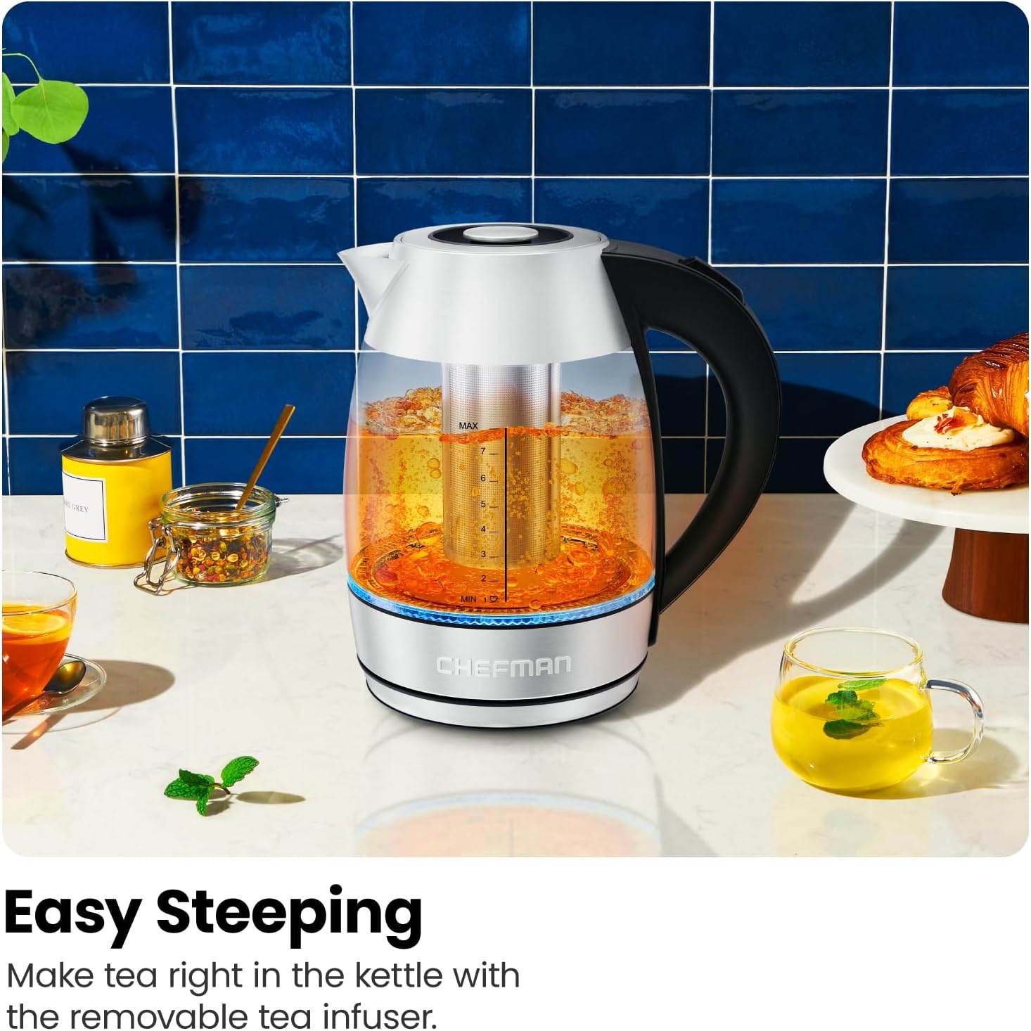 image:imageChefman Electric Kettle for Boiling Water 18L 1500W Removable Tea Infuser Auto Shut Off BoilDry Protection BPA Free Borosilicate Glass Hot Water Boiler Electric Tea Kettle Stainless Steel18 Liters