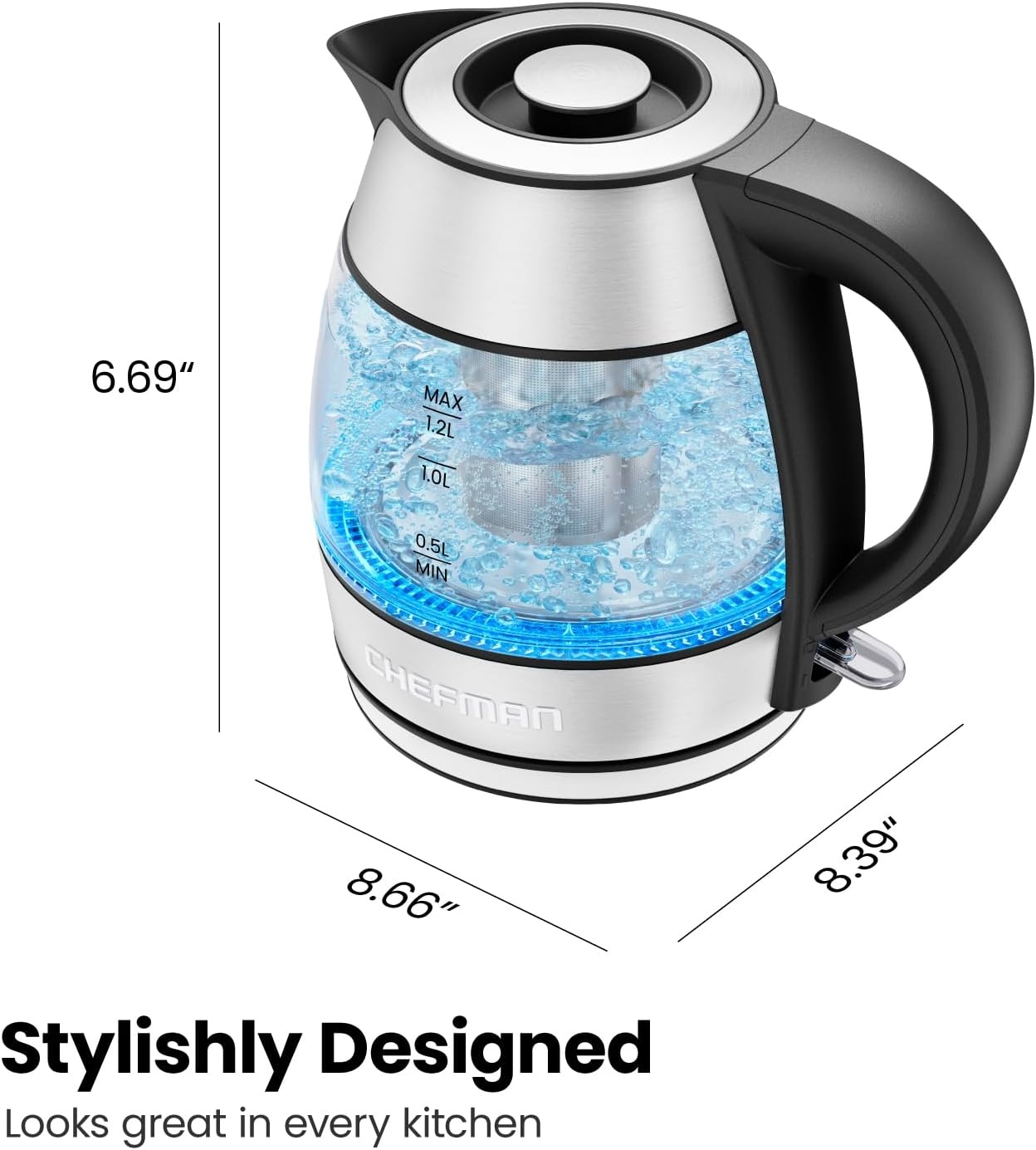 image:imageChefman Electric Kettle for Boiling Water 18L 1500W Removable Tea Infuser Auto Shut Off BoilDry Protection BPA Free Borosilicate Glass Hot Water Boiler Electric Tea Kettle Stainless Steel12 Liter