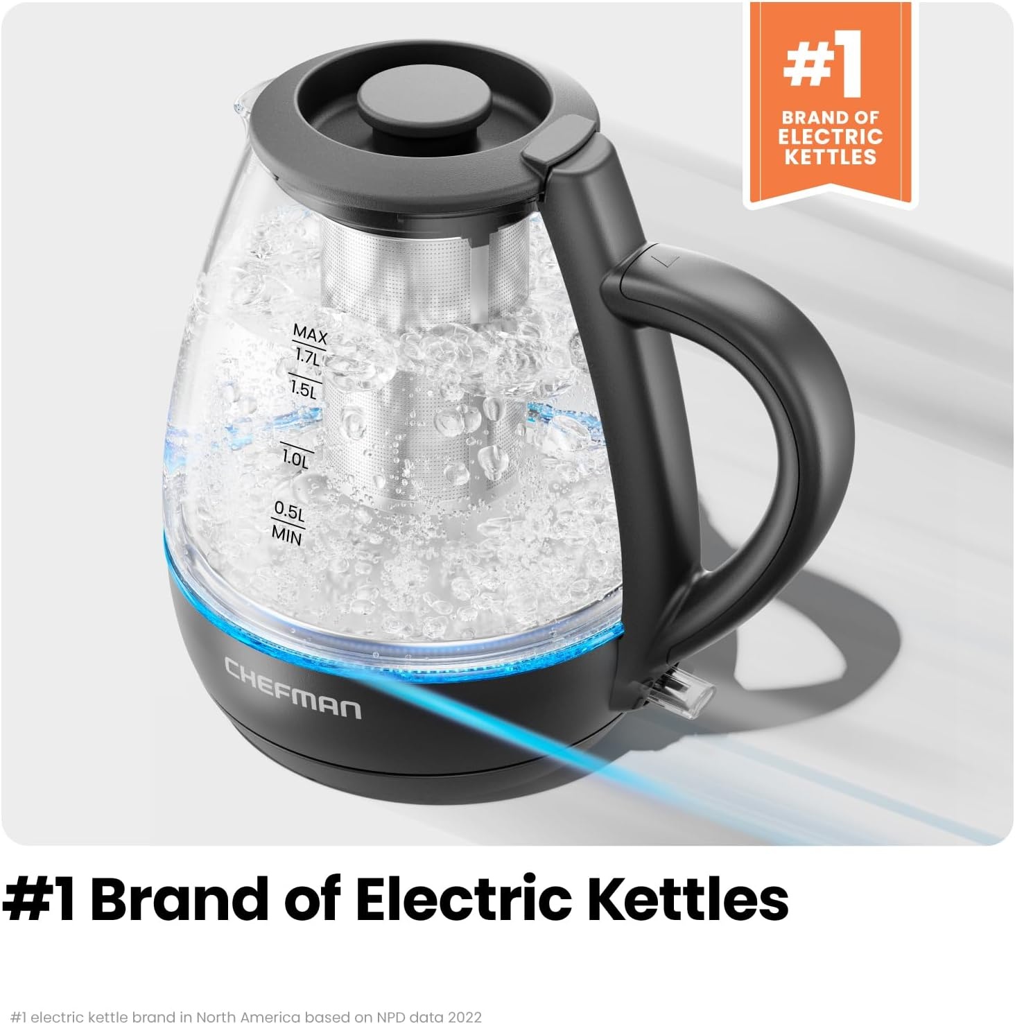 image:imageChefman Electric Kettle with Tea Infuser 17L 1500W Removable Lid for Easy Cleaning BoilDry Protection Stainless Steel Filter BPA Free Auto Shut Off Hot Water Boiler Glass Electric Tea KettleBlack