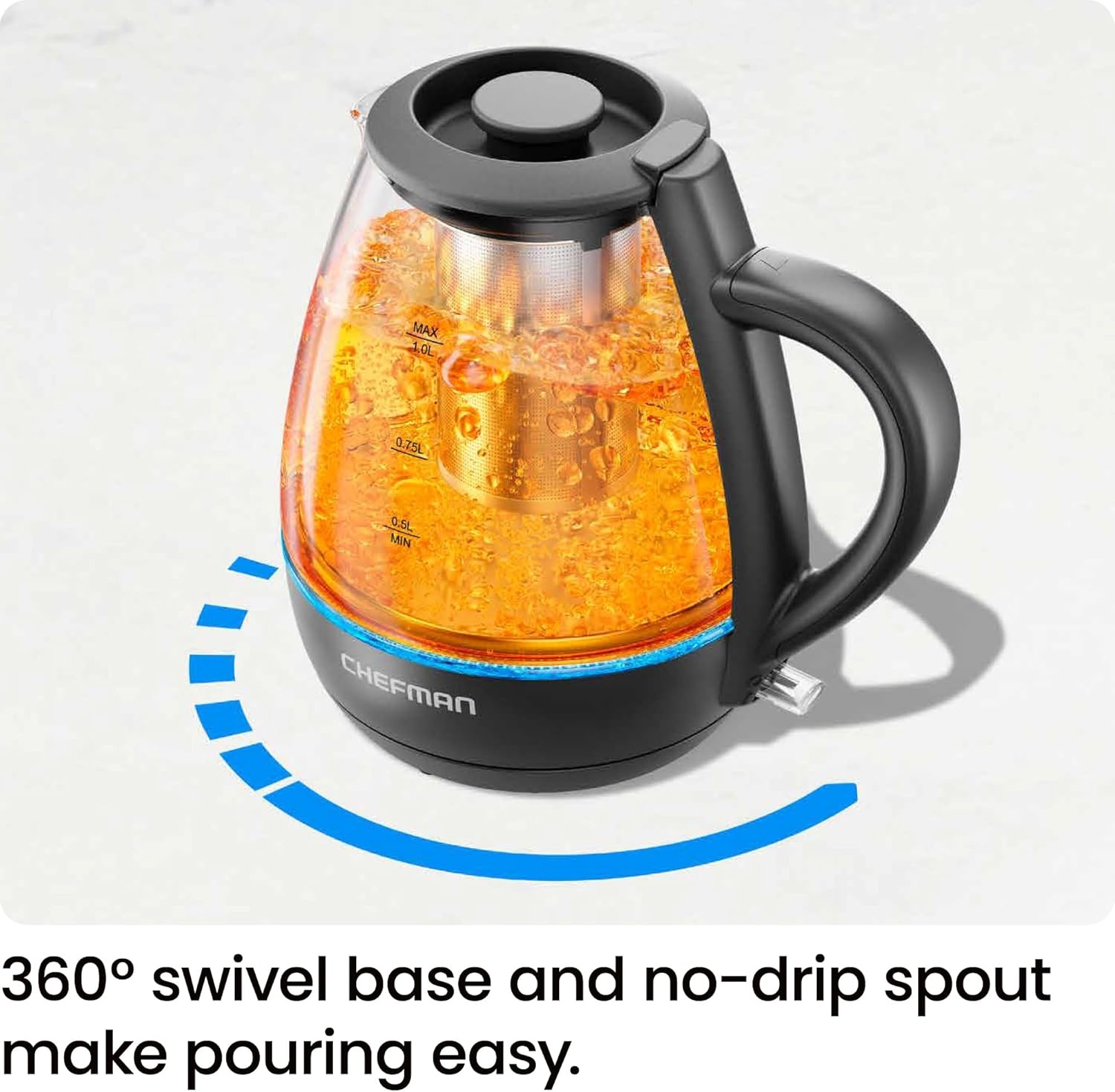 image:imageChefman Electric Kettle with Tea Infuser 17L 1500W Removable Lid for Easy Cleaning BoilDry Protection Stainless Steel Filter BPA Free Auto Shut Off Hot Water Boiler Glass Electric Tea KettleBlack