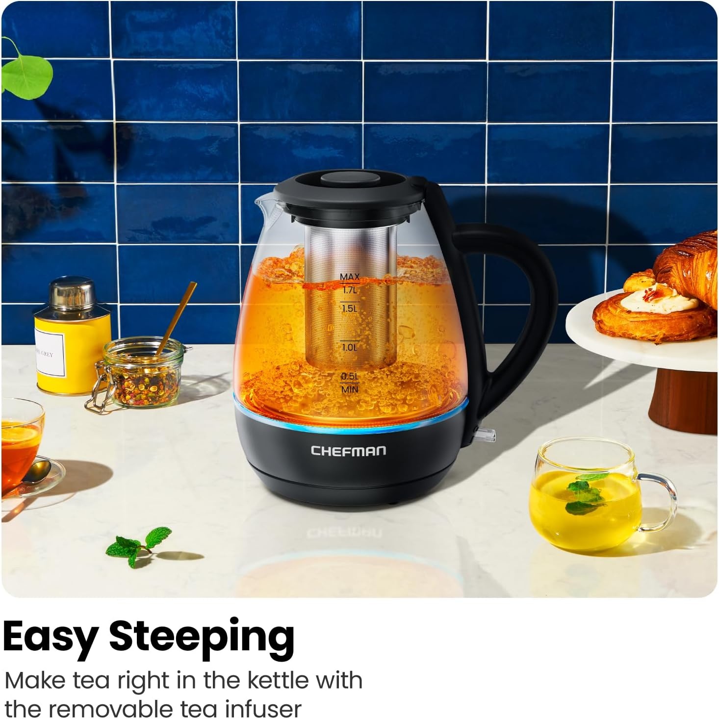 image:imageChefman Electric Kettle with Tea Infuser 17L 1500W Removable Lid for Easy Cleaning BoilDry Protection Stainless Steel Filter BPA Free Auto Shut Off Hot Water Boiler Glass Electric Tea KettleBlack