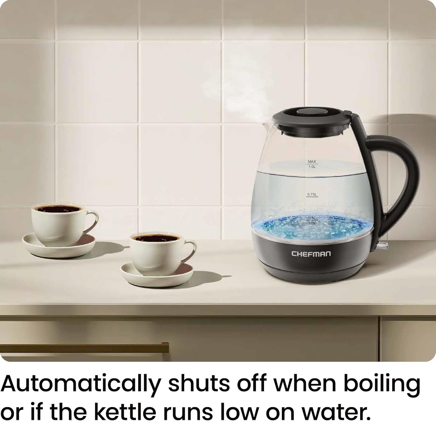 image:imageChefman Electric Kettle with Tea Infuser 17L 1500W Removable Lid for Easy Cleaning BoilDry Protection Stainless Steel Filter BPA Free Auto Shut Off Hot Water Boiler Glass Electric Tea KettleBlack