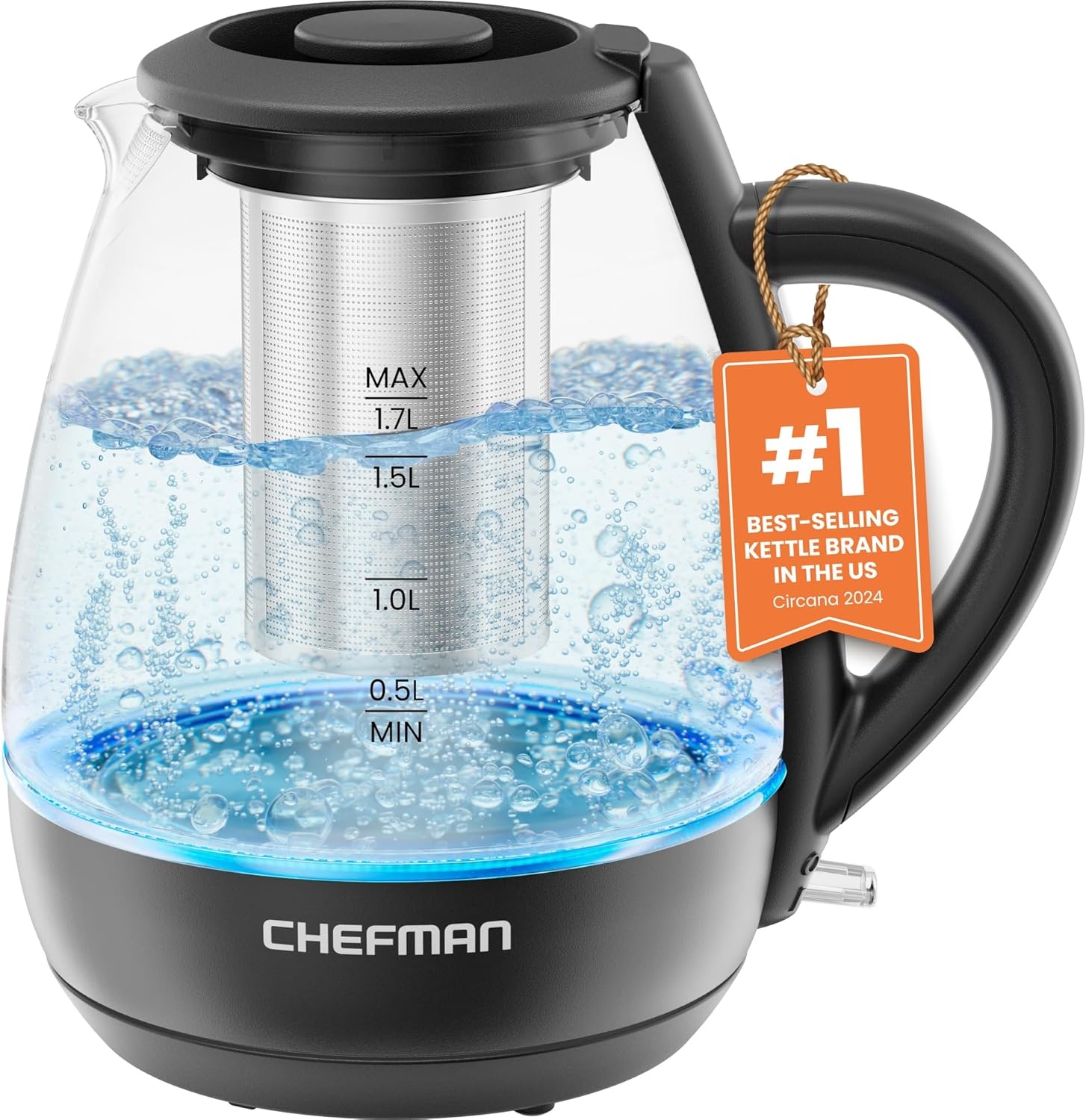 image:imageChefman Electric Kettle with Tea Infuser 17L 1500W Removable Lid for Easy Cleaning BoilDry Protection Stainless Steel Filter BPA Free Auto Shut Off Hot Water Boiler Glass Electric Tea KettleBlack