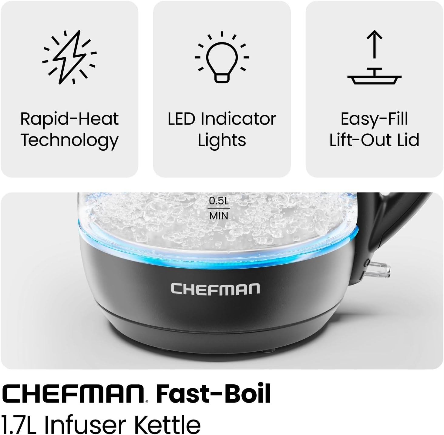 image:imageChefman Electric Kettle with Tea Infuser 17L 1500W Removable Lid for Easy Cleaning BoilDry Protection Stainless Steel Filter BPA Free Auto Shut Off Hot Water Boiler Glass Electric Tea KettleBlack