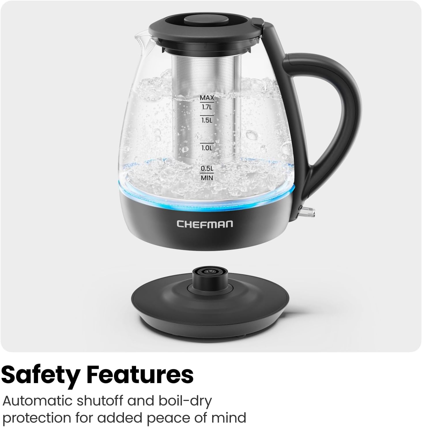 image:imageChefman Electric Kettle with Tea Infuser 17L 1500W Removable Lid for Easy Cleaning BoilDry Protection Stainless Steel Filter BPA Free Auto Shut Off Hot Water Boiler Glass Electric Tea KettleBlack