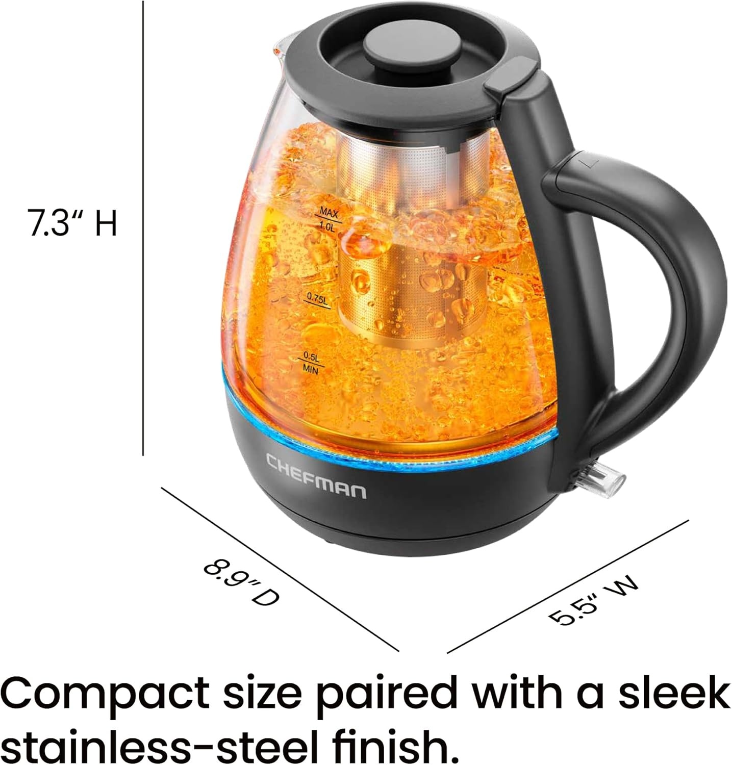 image:imageChefman Electric Kettle with Tea Infuser 17L 1500W Removable Lid for Easy Cleaning BoilDry Protection Stainless Steel Filter BPA Free Auto Shut Off Hot Water Boiler Glass Electric Tea KettleBlack