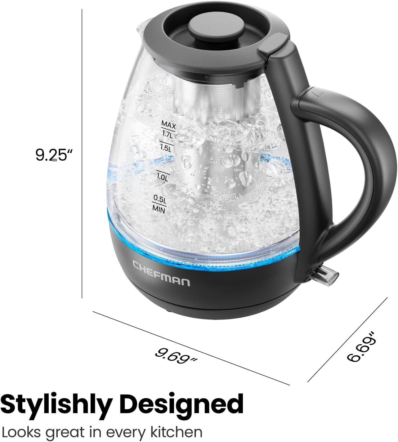 image:imageChefman Electric Kettle with Tea Infuser 17L 1500W Removable Lid for Easy Cleaning BoilDry Protection Stainless Steel Filter BPA Free Auto Shut Off Hot Water Boiler Glass Electric Tea KettleBlack