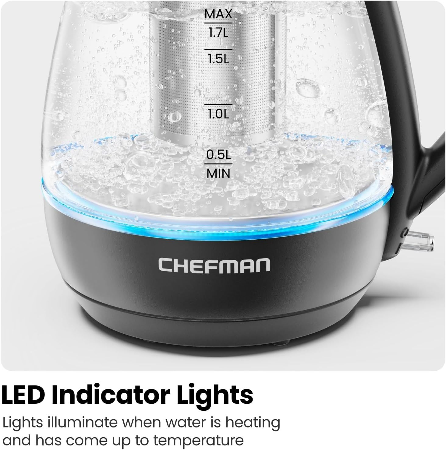 image:imageChefman Electric Kettle with Tea Infuser 17L 1500W Removable Lid for Easy Cleaning BoilDry Protection Stainless Steel Filter BPA Free Auto Shut Off Hot Water Boiler Glass Electric Tea KettleBlack