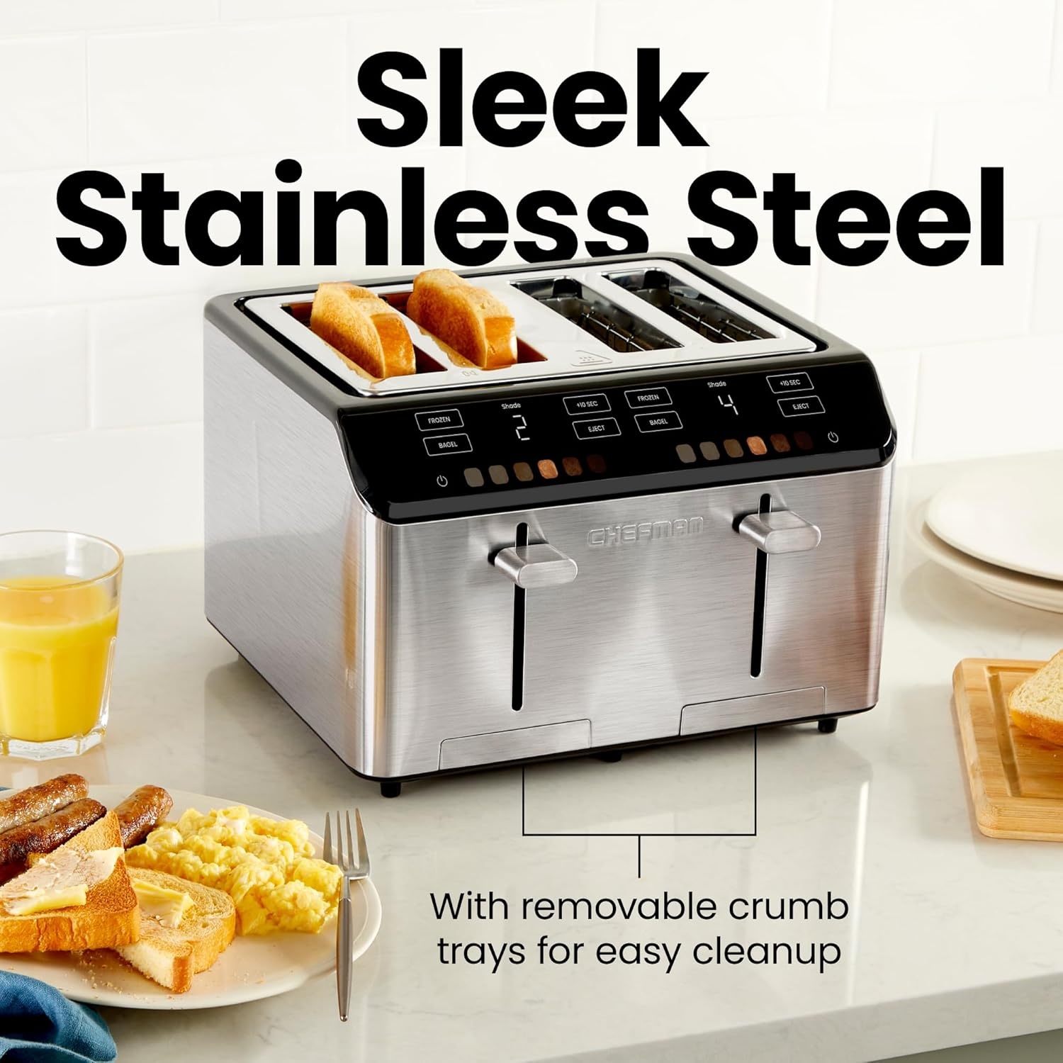 image:imageChefman Smart Touch 4 Slice Digital Toaster 6 Shade Settings Touchscreen Bagel Toaster 4 Slice with ExtraWide Slots 10 Seconds Defrost Removable Crumb Tray Stainless SteelStainless Steel