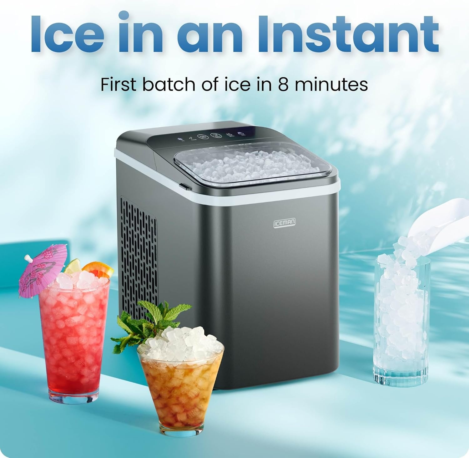 image:imageIceman DualSize Countertop Ice Maker Machine Portable Creates 2 Cube Sizes in 6 Mins Holds 13 lb of Ice Makes up to 26 lb in 24 Hours SelfCleaning Scoop Included StainlessSteelBlack
