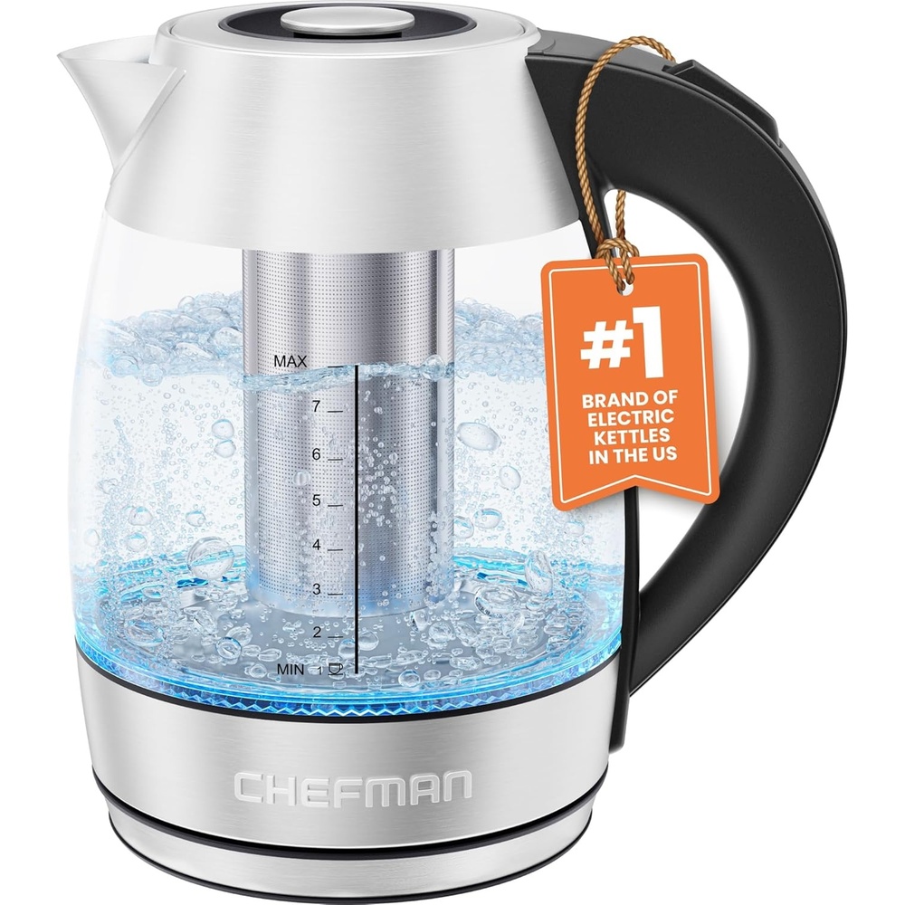 image:imageChefman Electric Kettle for Boiling Water 18L 1500W Removable Tea Infuser Auto Shut Off BoilDry Protection BPA Free Borosilicate Glass Hot Water Boiler Electric Tea Kettle Stainless Steel18 Liters