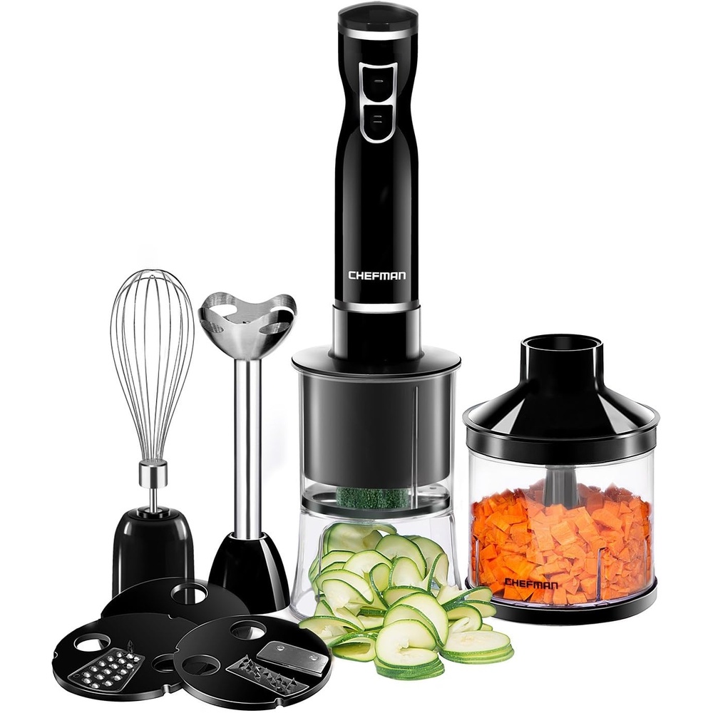 image:imageChefman Electric Spiralizer amp Immersion BlenderVegetable Slicer 6in1 Food Prep Combo Kit Includes 3 Spiralizing Blade Attachments Zoodle Maker Grate Ribbon Spiral Blend Chop and Puree