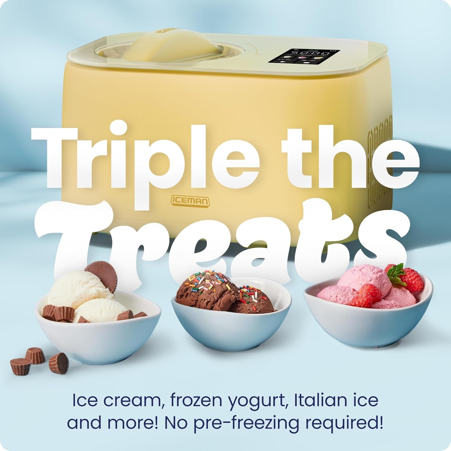 image:imageIceman by Chefman Trio Ice Cream Maker No PreFreezing with BuiltIn Compressor for Ice Cream Froyo Sorbet Sherbet Italian Ice Frozen Yogurt amp More 2 20oz Containers amp LidsButter